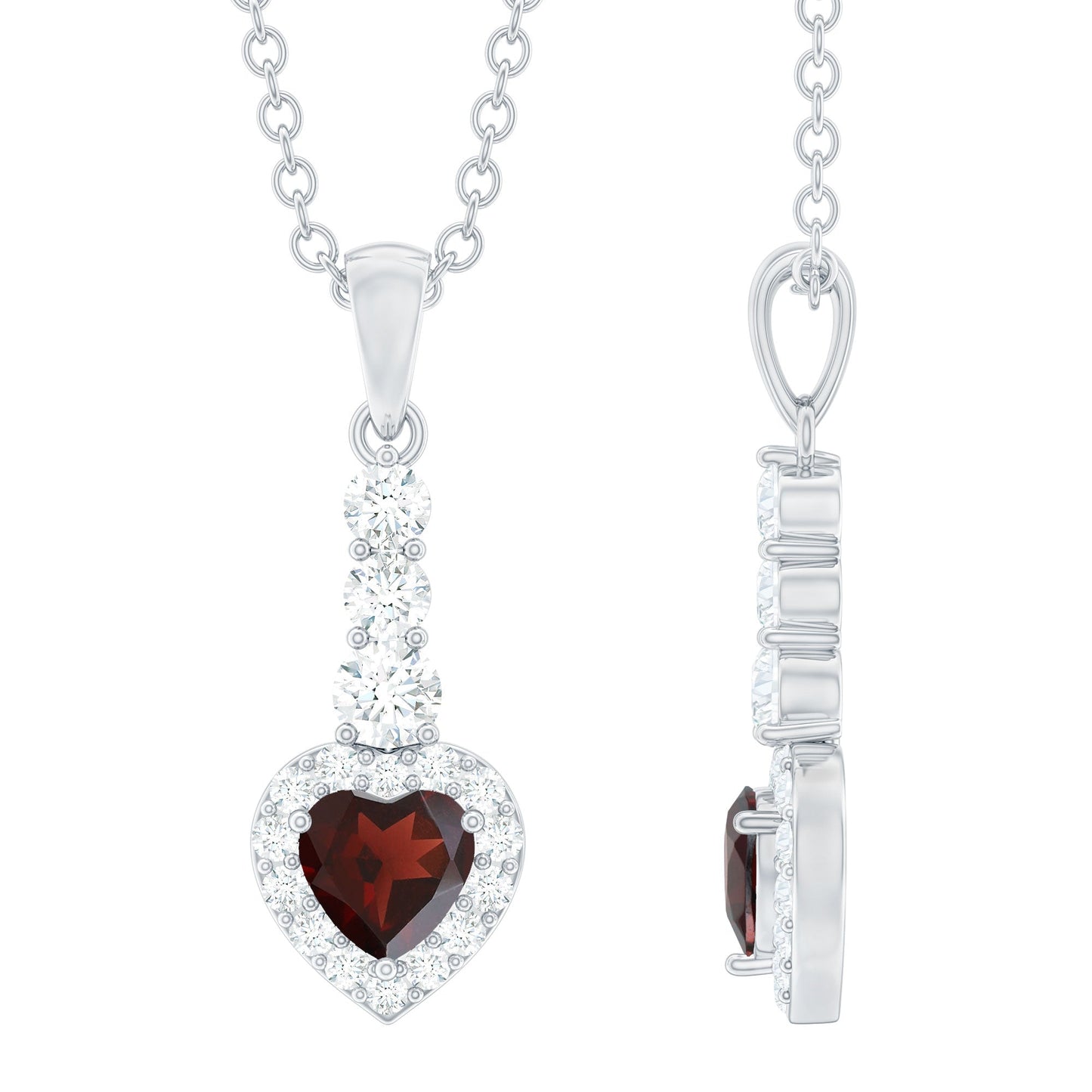 Garnet Heart Drop Pendant with Diamond Halo