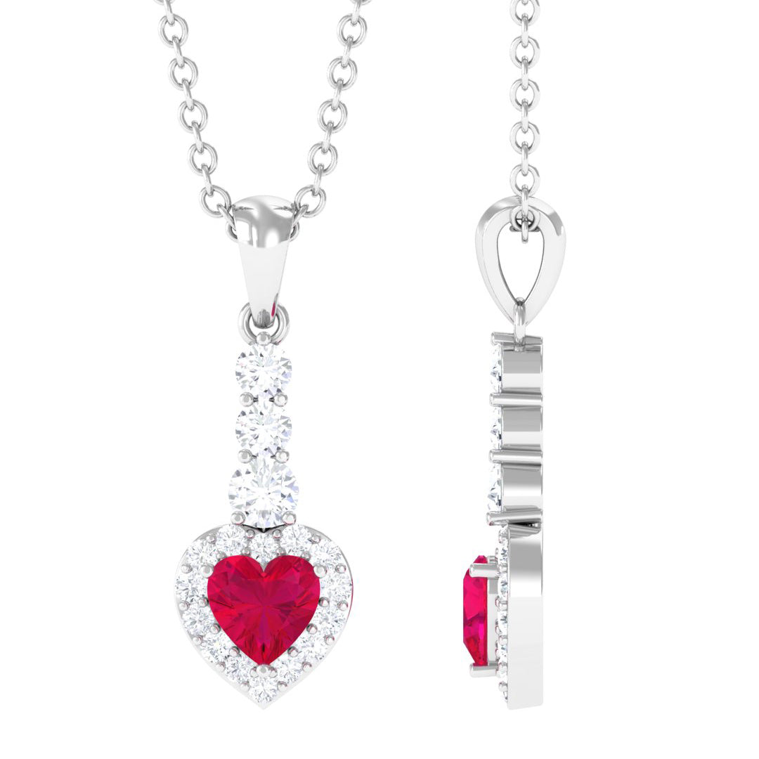 Natural Heart Shape Ruby and Diamond Drop Pendant Necklace