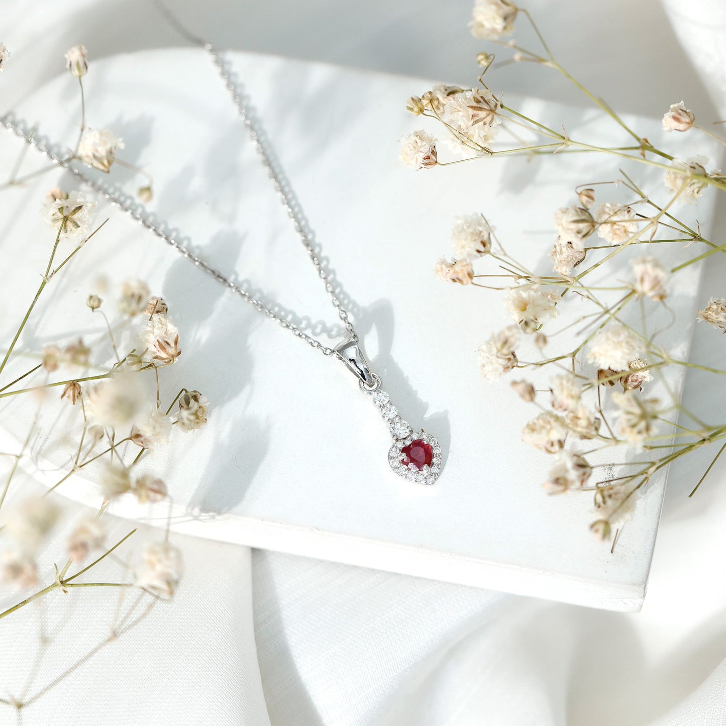 Natural Heart Shape Ruby and Diamond Drop Pendant Necklace