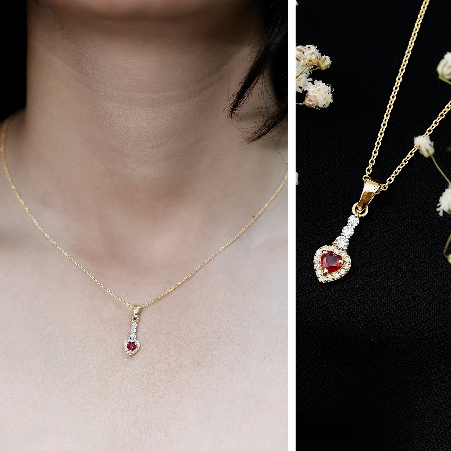 Natural Heart Shape Ruby and Diamond Drop Pendant Necklace