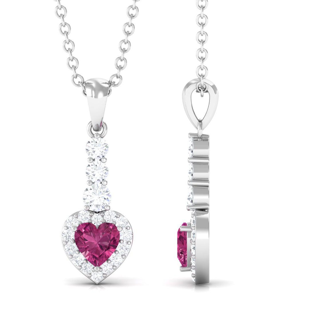 Heart Shape Pink Tourmaline Drop Pendant with Diamond