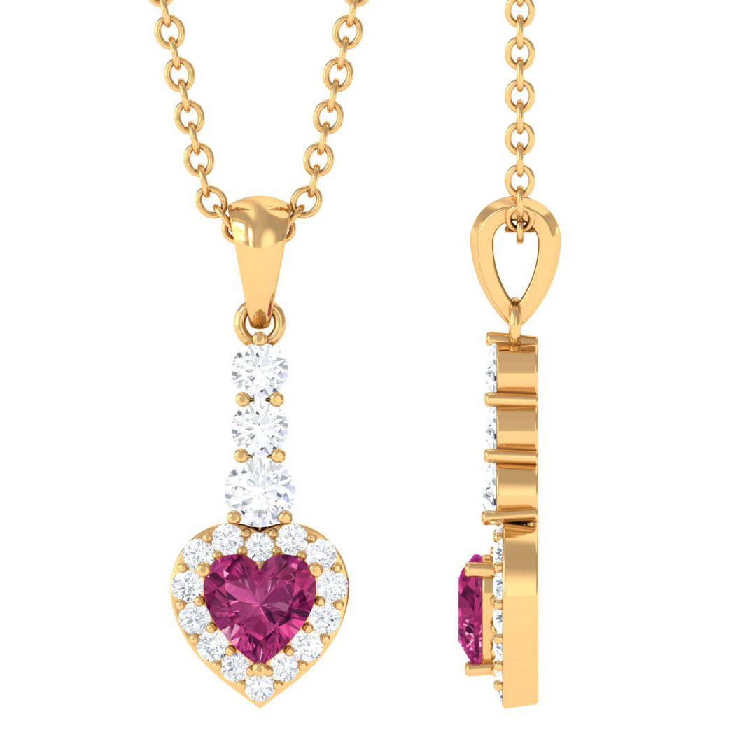 Heart Shape Pink Tourmaline Drop Pendant with Diamond