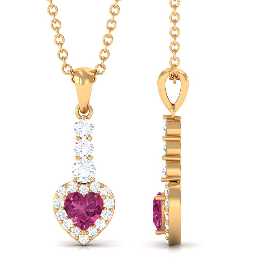 Heart Shape Pink Tourmaline Drop Pendant with Diamond