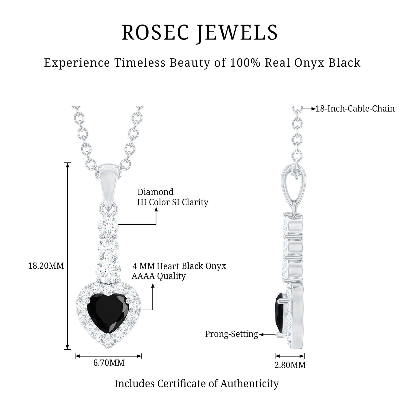 Natural Black Onyx Heart Pendant Necklace with Diamond