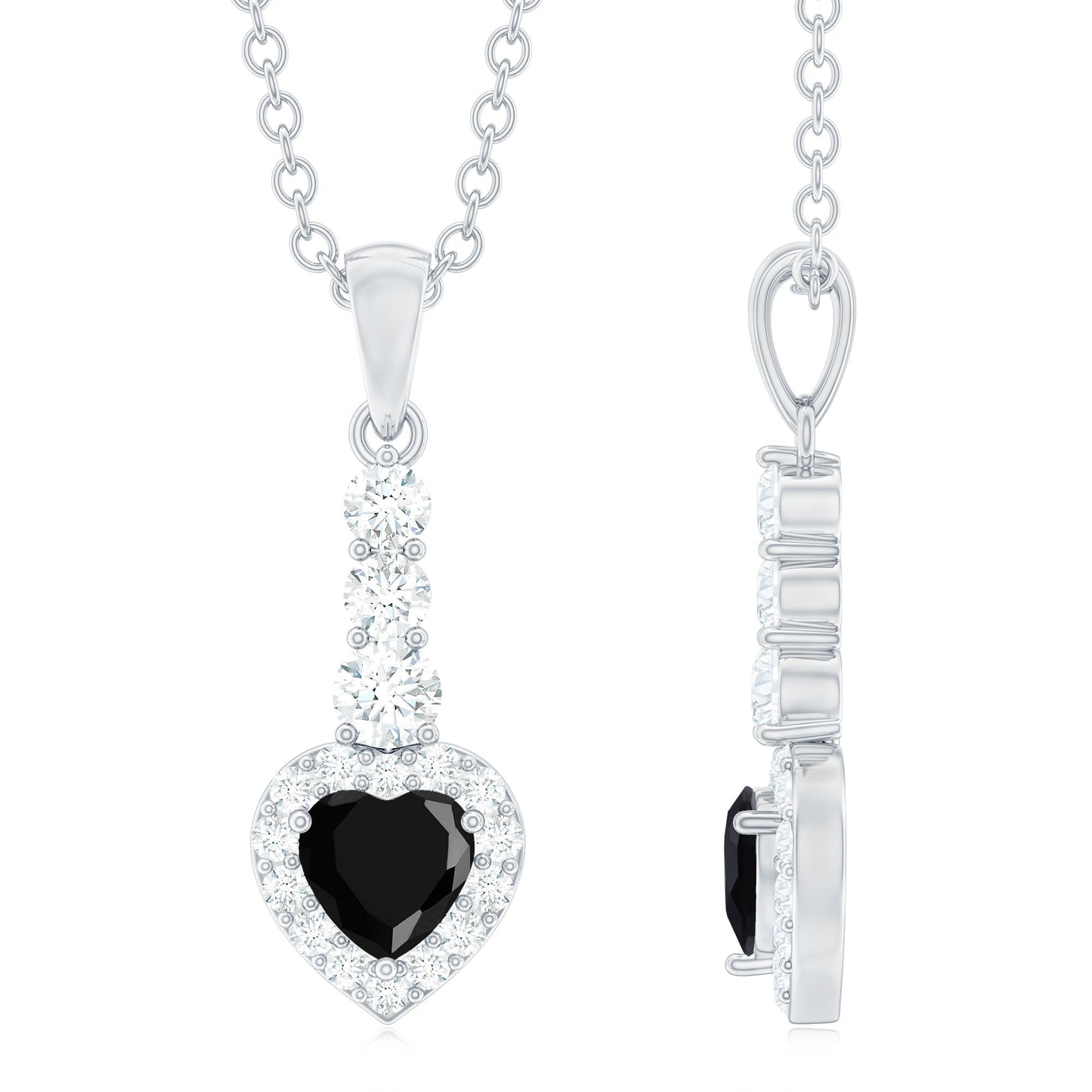 Natural Black Onyx Heart Pendant Necklace with Diamond