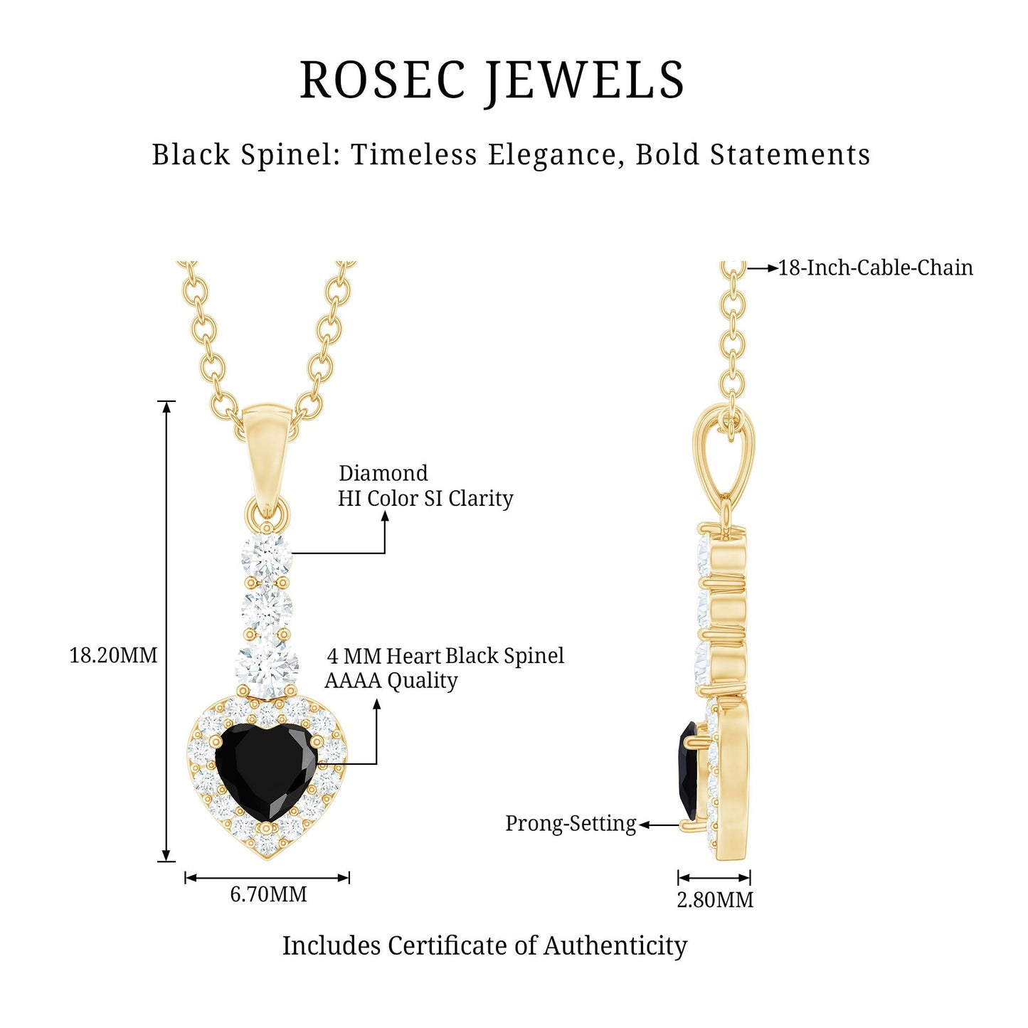 Natural Black Spinel Heart Pendant Necklace with Diamond Halo