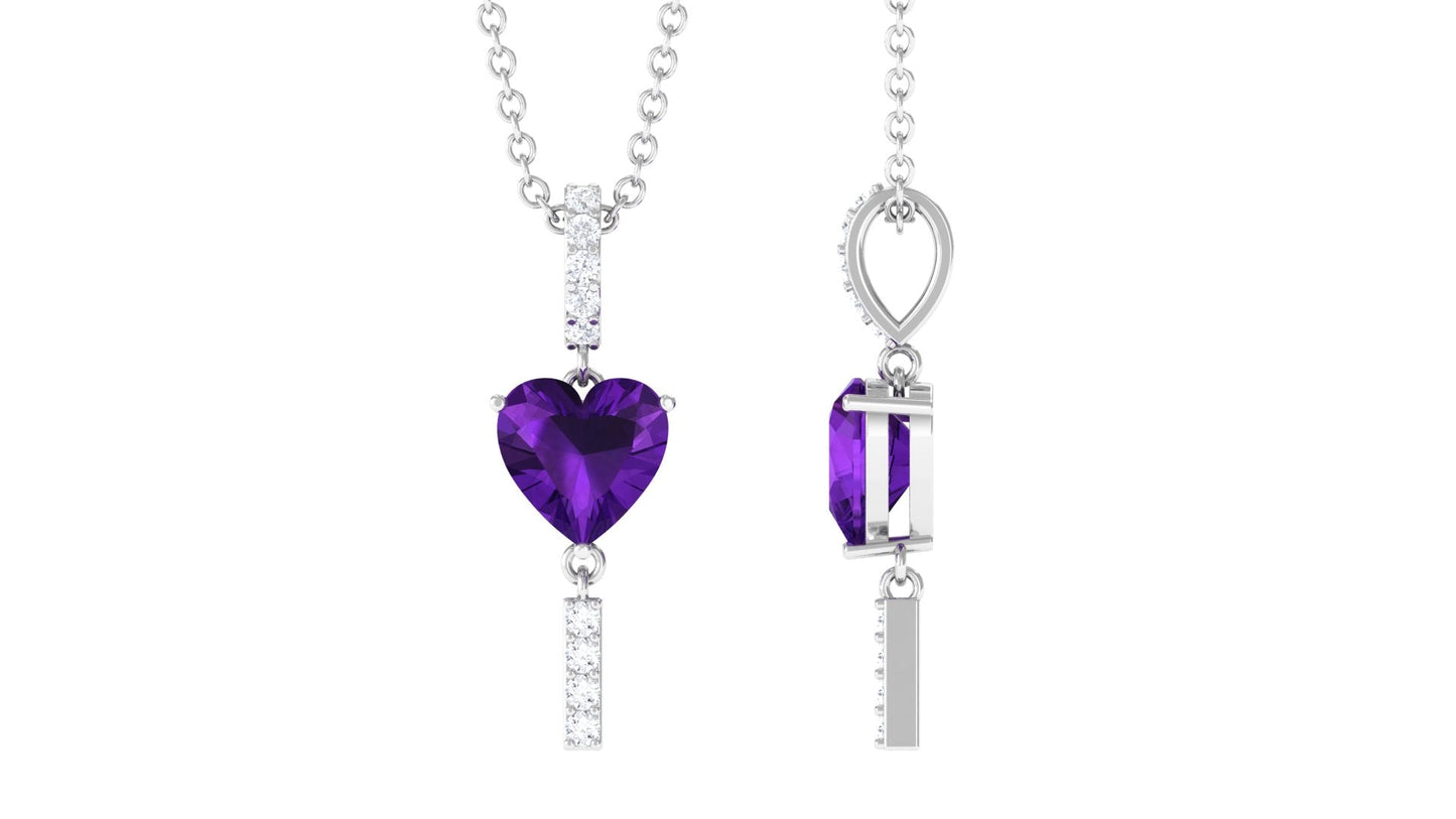 Real 0.9 Carat Heart Shape Amethyst Drop Necklace with Diamond