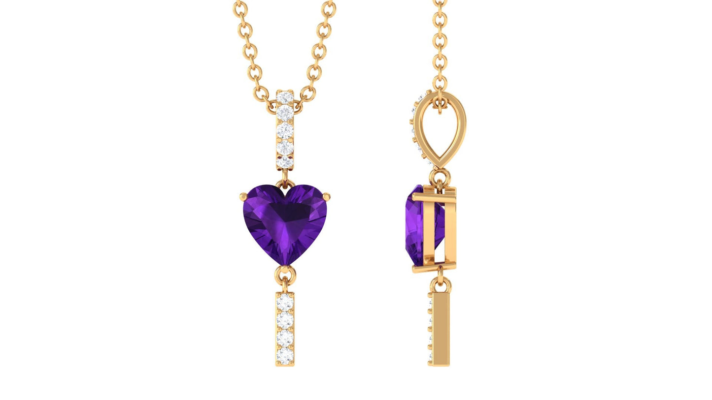 Real 0.9 Carat Heart Shape Amethyst Drop Necklace with Diamond