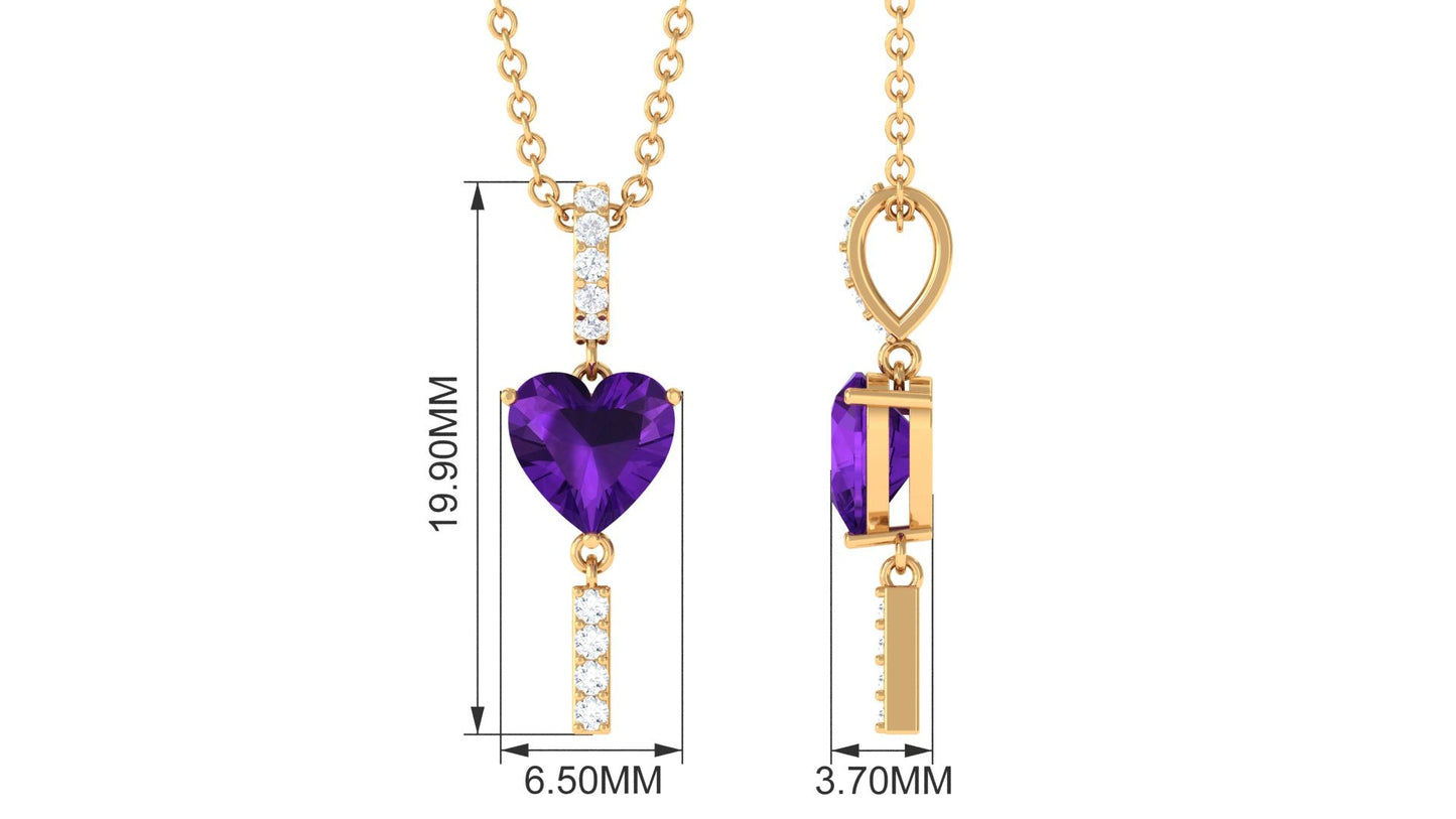 Real 0.9 Carat Heart Shape Amethyst Drop Necklace with Diamond