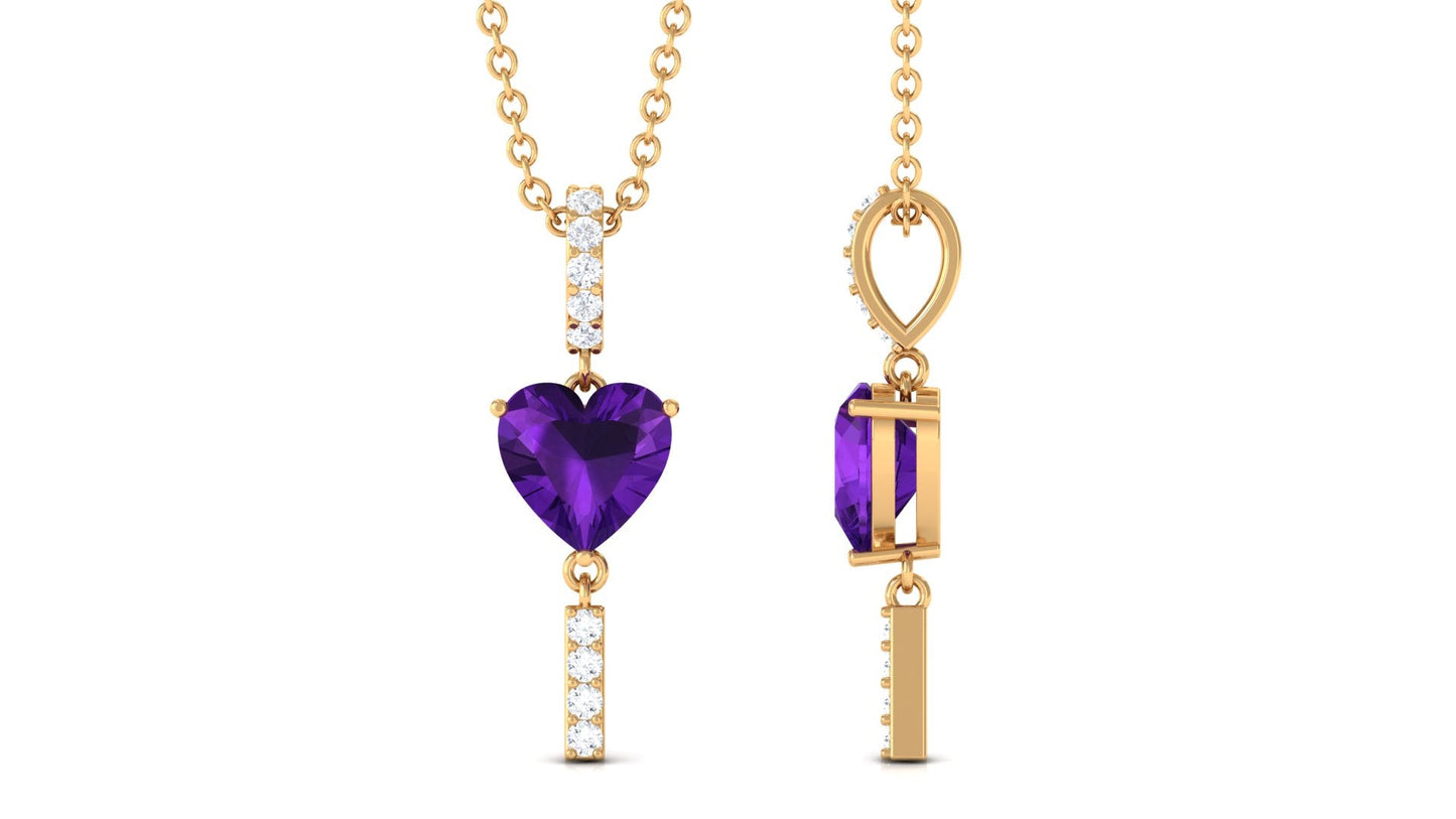 Real 0.9 Carat Heart Shape Amethyst Drop Necklace with Diamond