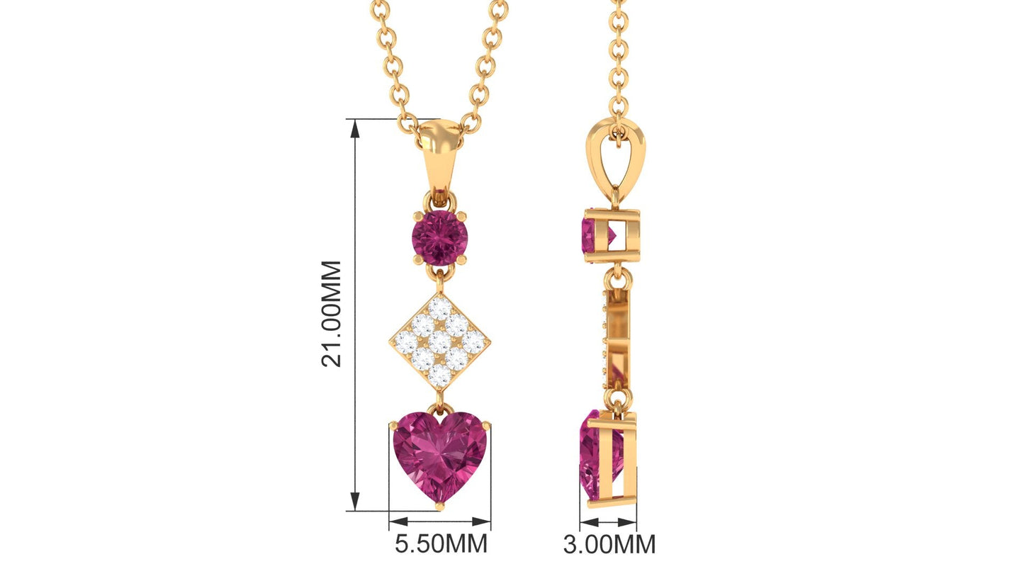 Round and Heart Shape Pink Tourmaline Dangle Pendant with Diamond