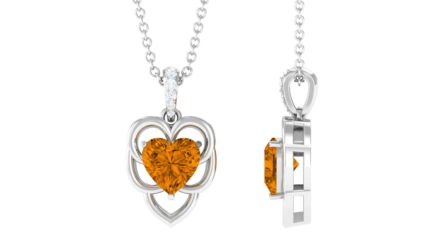 Natural 2 Carat Heart Shaped Citrine Pendant Necklace with Diamond