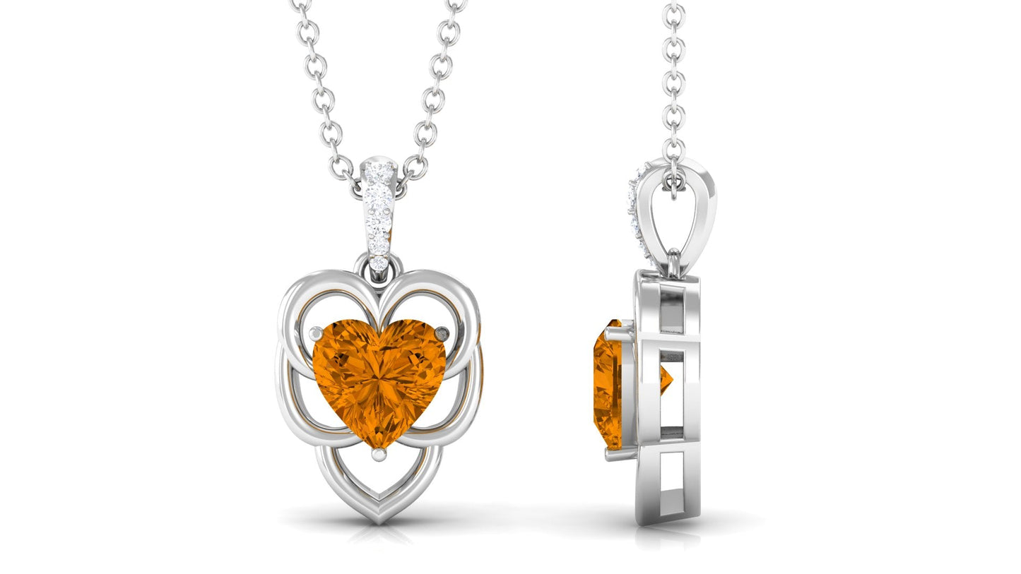 Natural 2 Carat Heart Shaped Citrine Pendant Necklace with Diamond