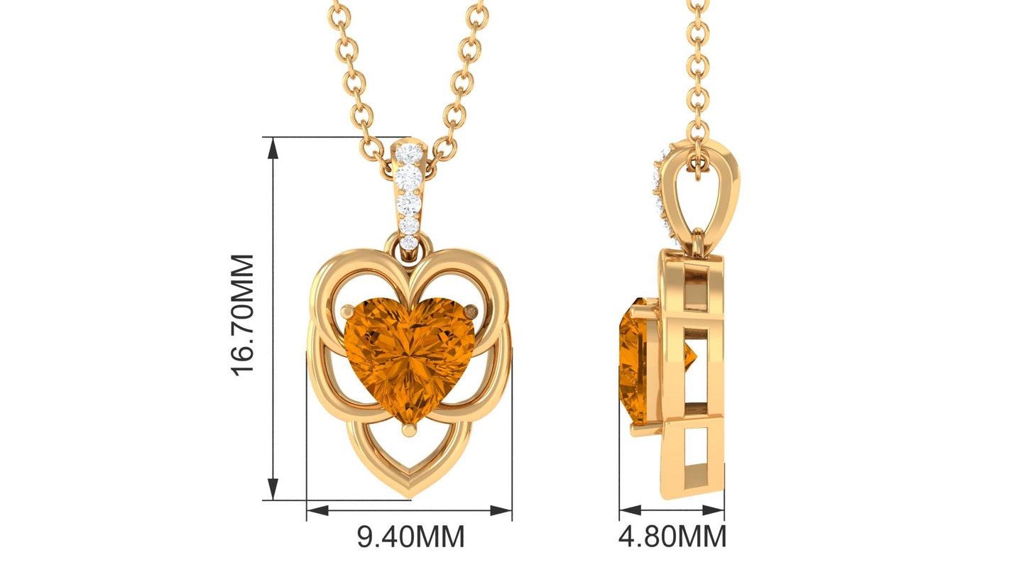 Natural 2 Carat Heart Shaped Citrine Pendant Necklace with Diamond