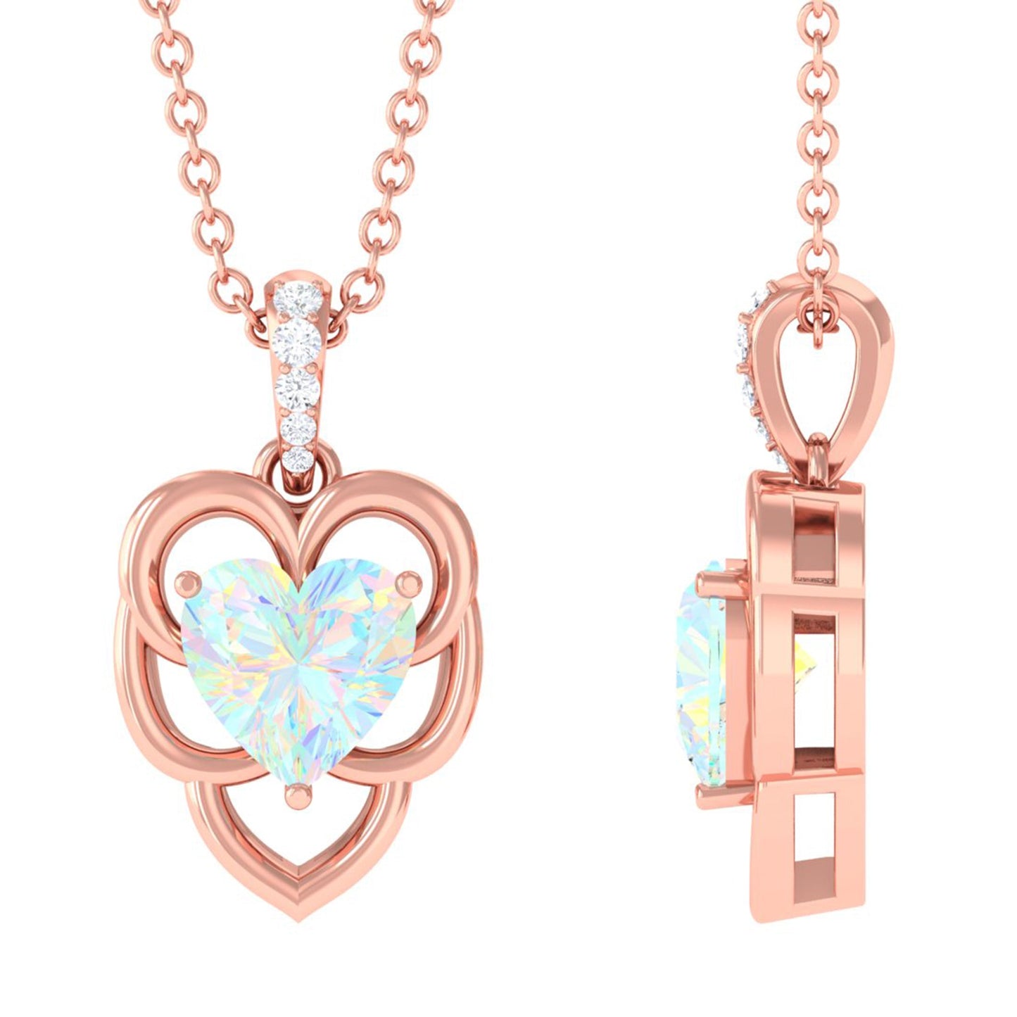 Natural Rainbow Opal Heart Pendant Necklace with Diamond