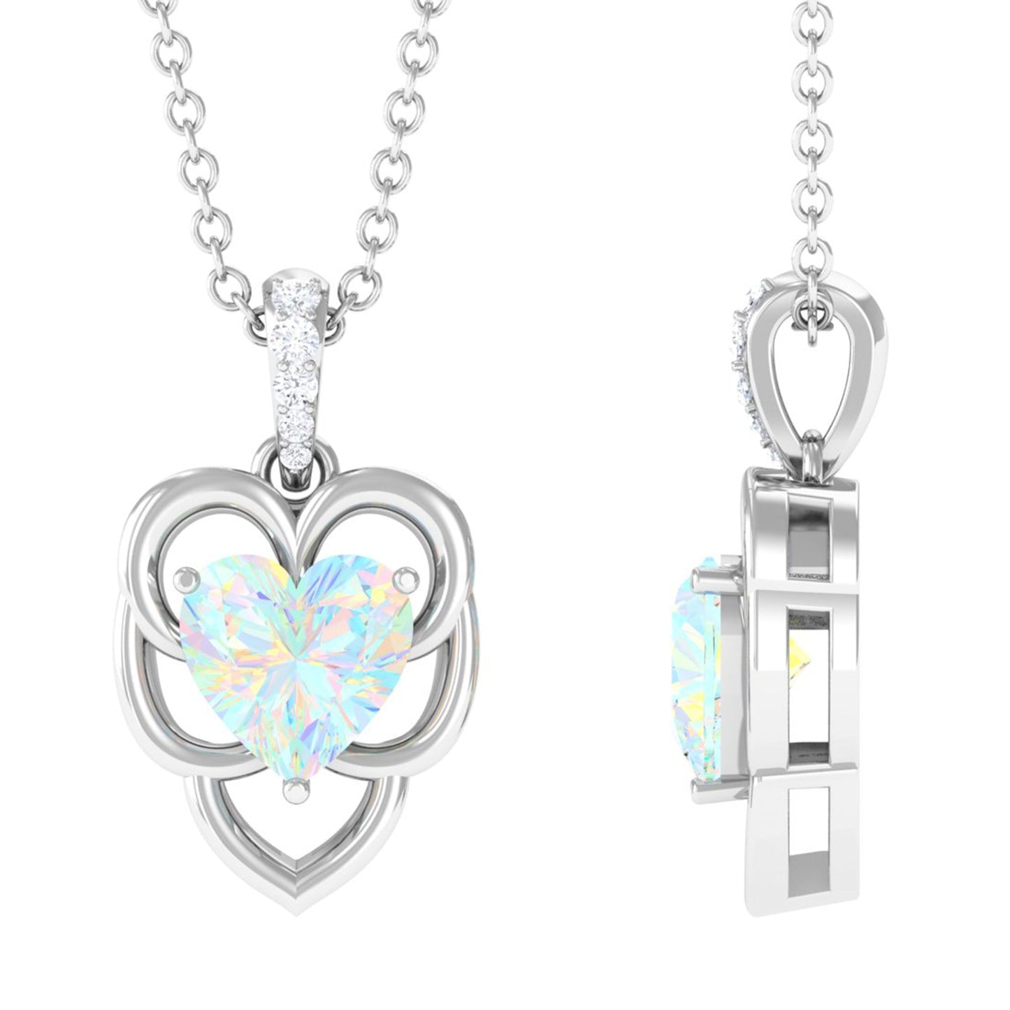 Natural Rainbow Opal Heart Pendant Necklace with Diamond