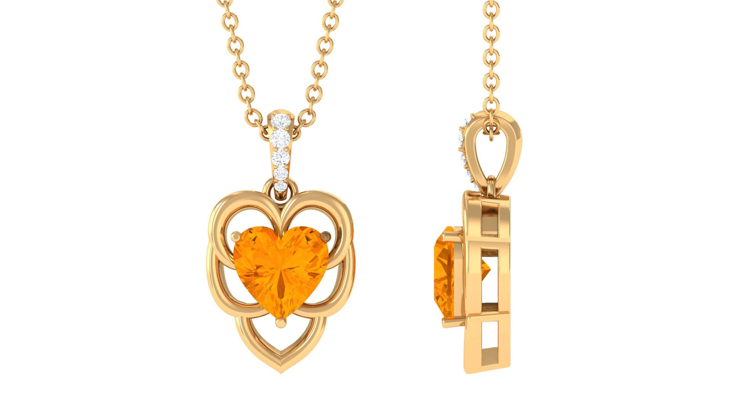 Heart Shape Fire Opal Leaf Pendant with Diamond Accent Bail