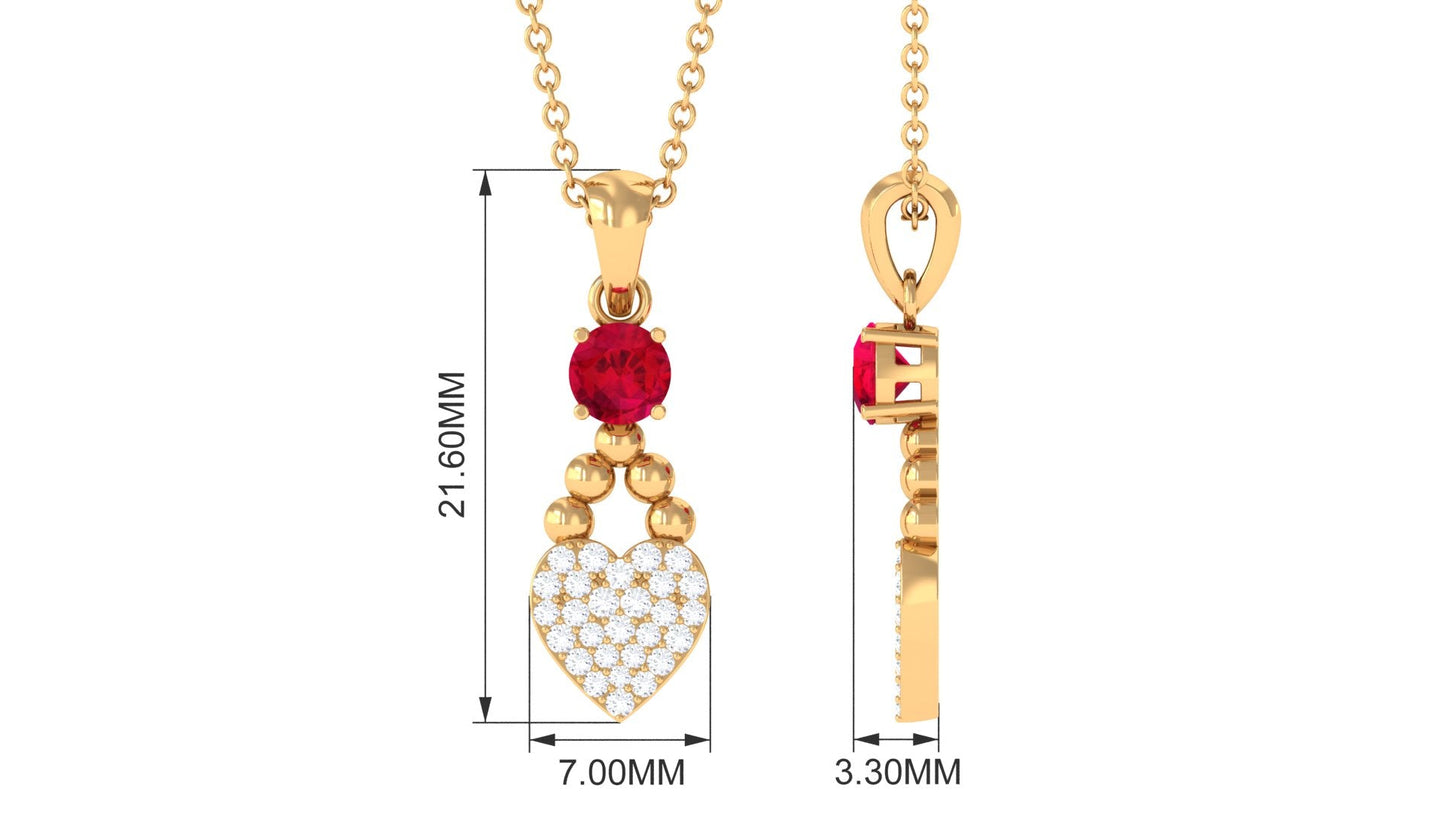 Round Cut Created Ruby and Diamond Heart Pendant