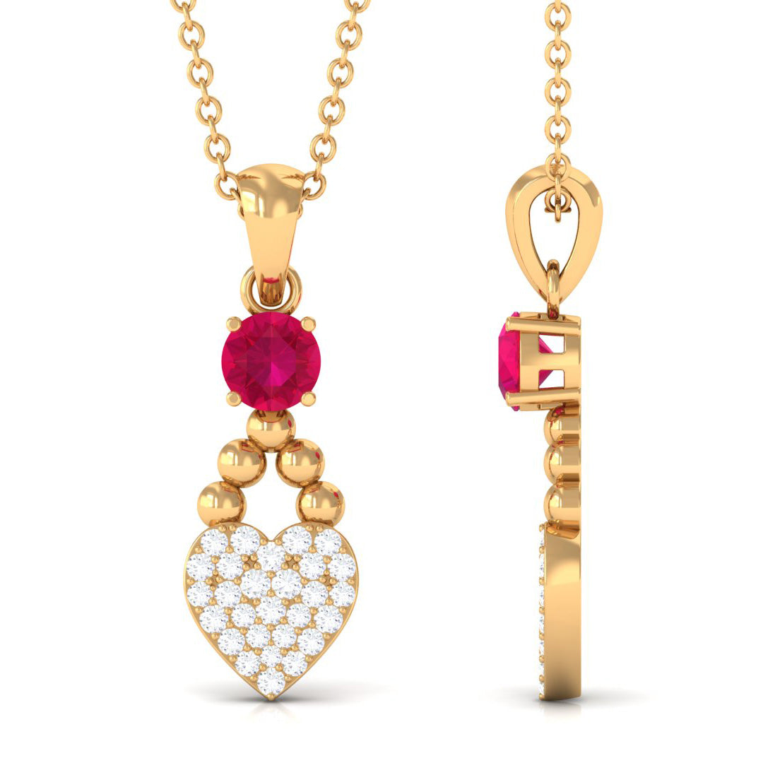Round Shape Ruby and Diamond Heart Pendant
