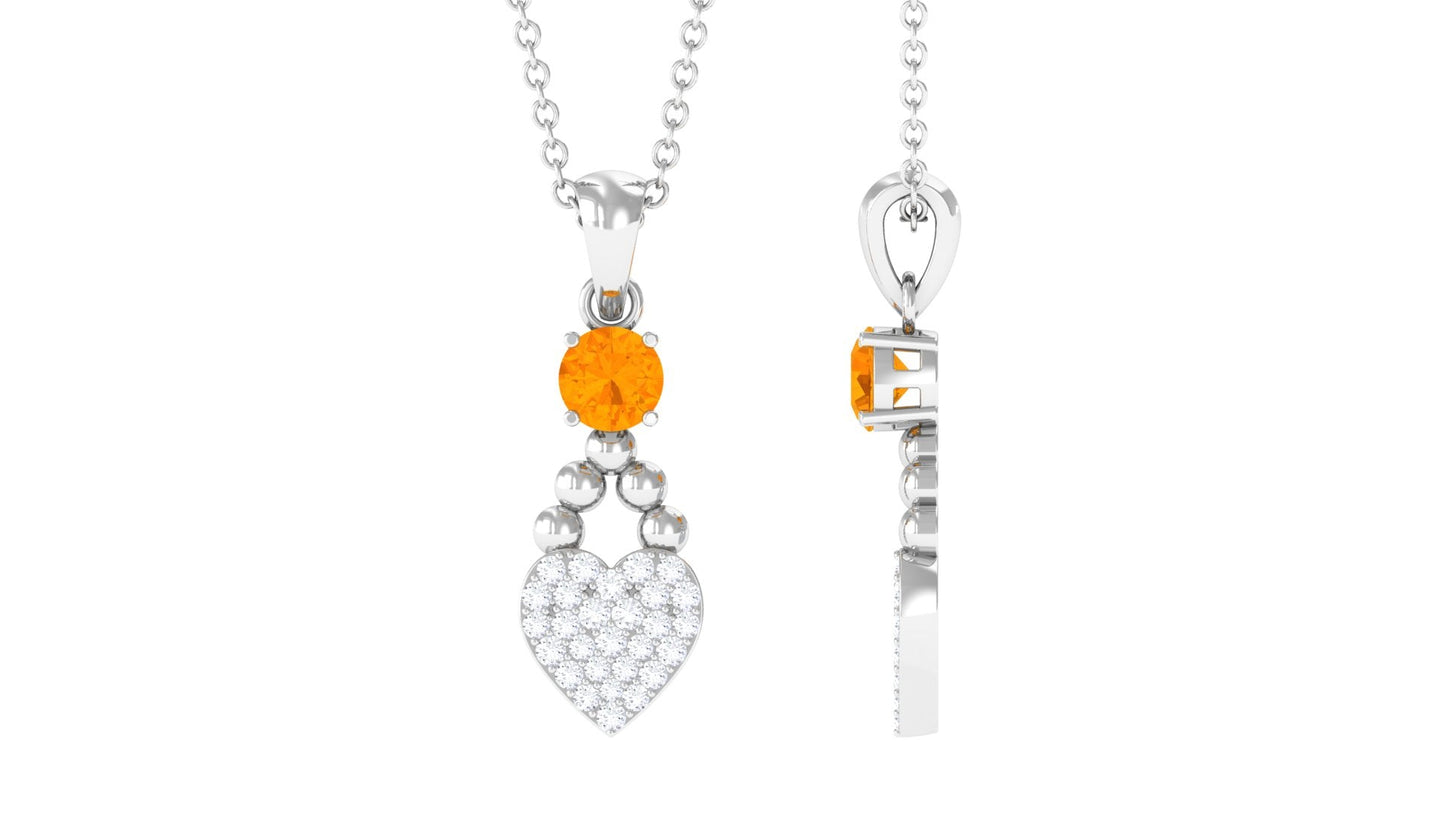 Round Shape Fire Opal and Diamond Heart Pendant