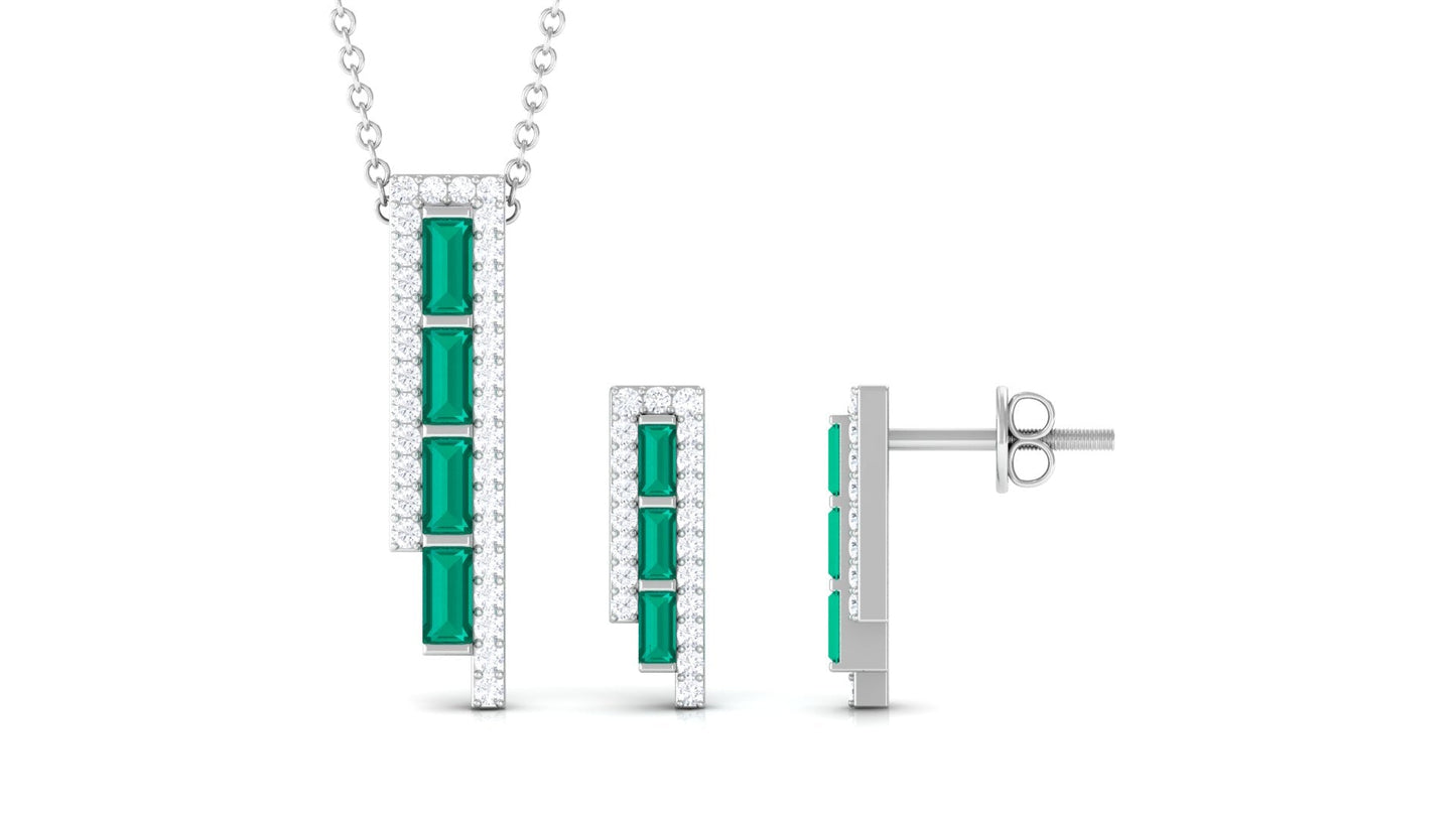 Baguette Cut Emerald Designer Bar Jewelry Set with Diamond