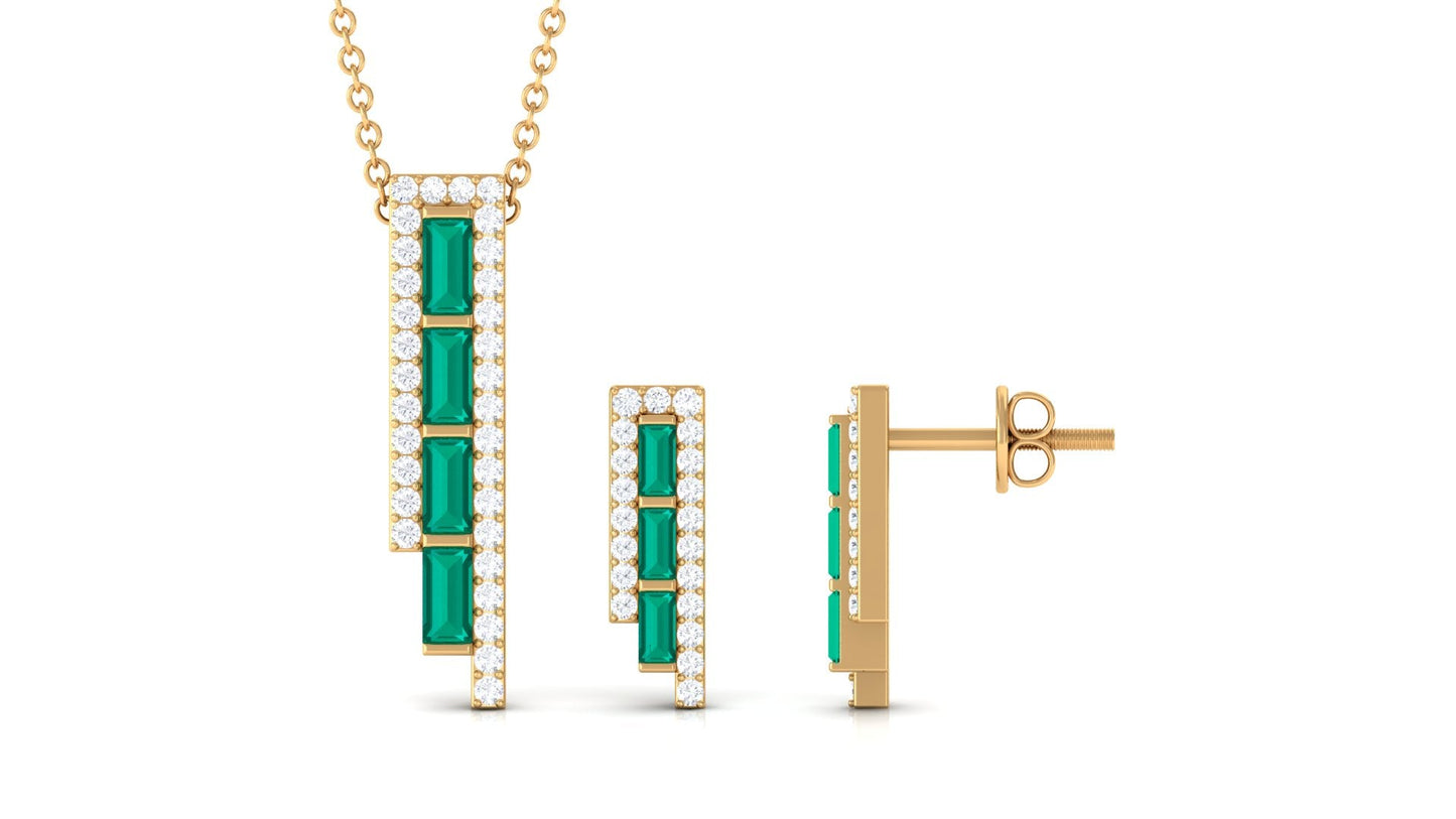 Baguette Cut Emerald Designer Bar Jewelry Set with Diamond