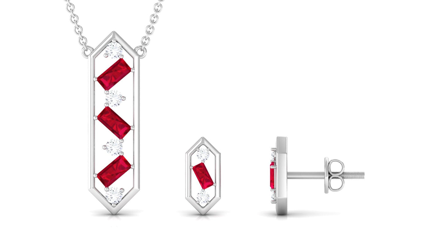 Contemporary Created Ruby and Diamond Dangle Jewelry Set