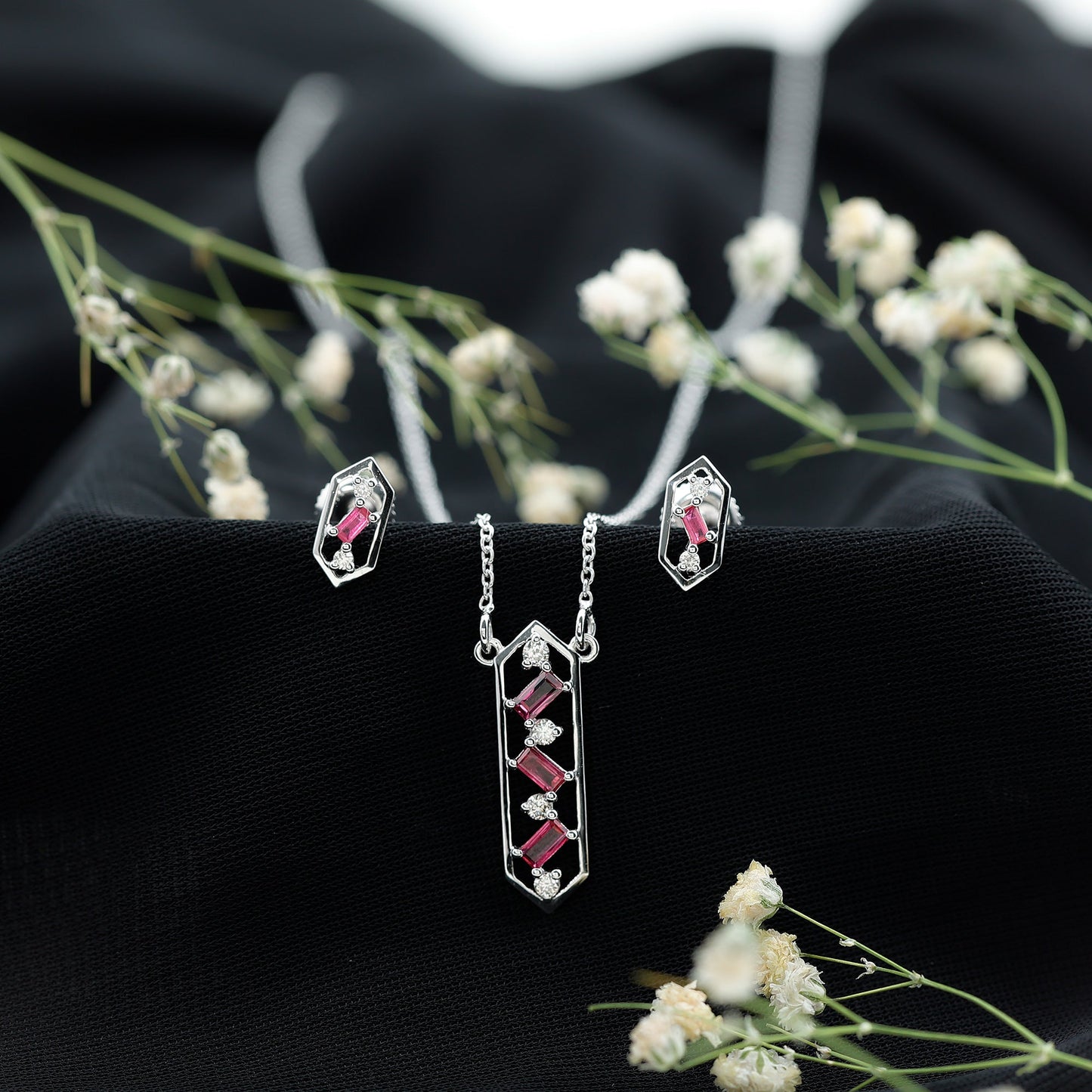 Genuine Ruby and Diamond Dangle jewelry Set