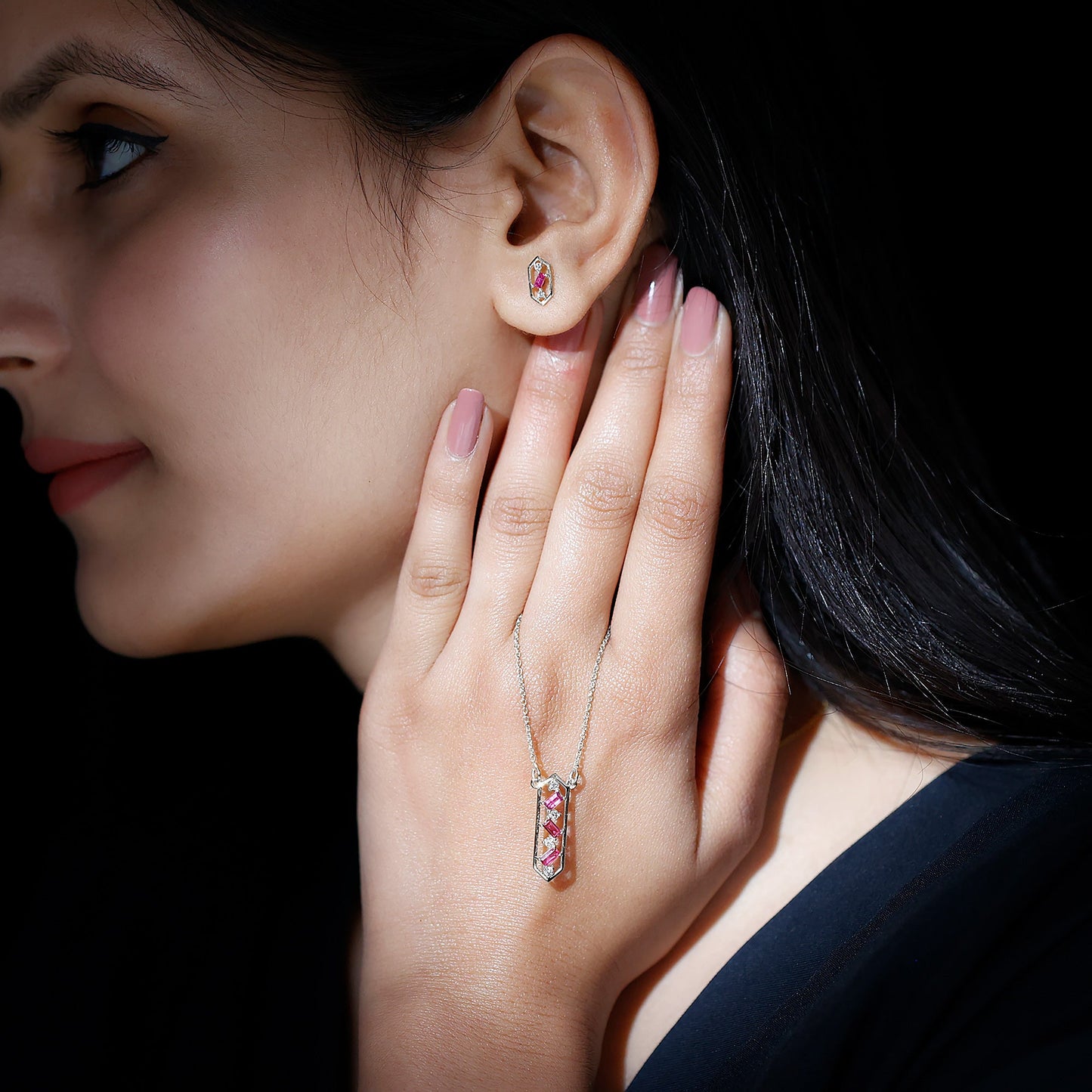 Genuine Ruby and Diamond Dangle jewelry Set