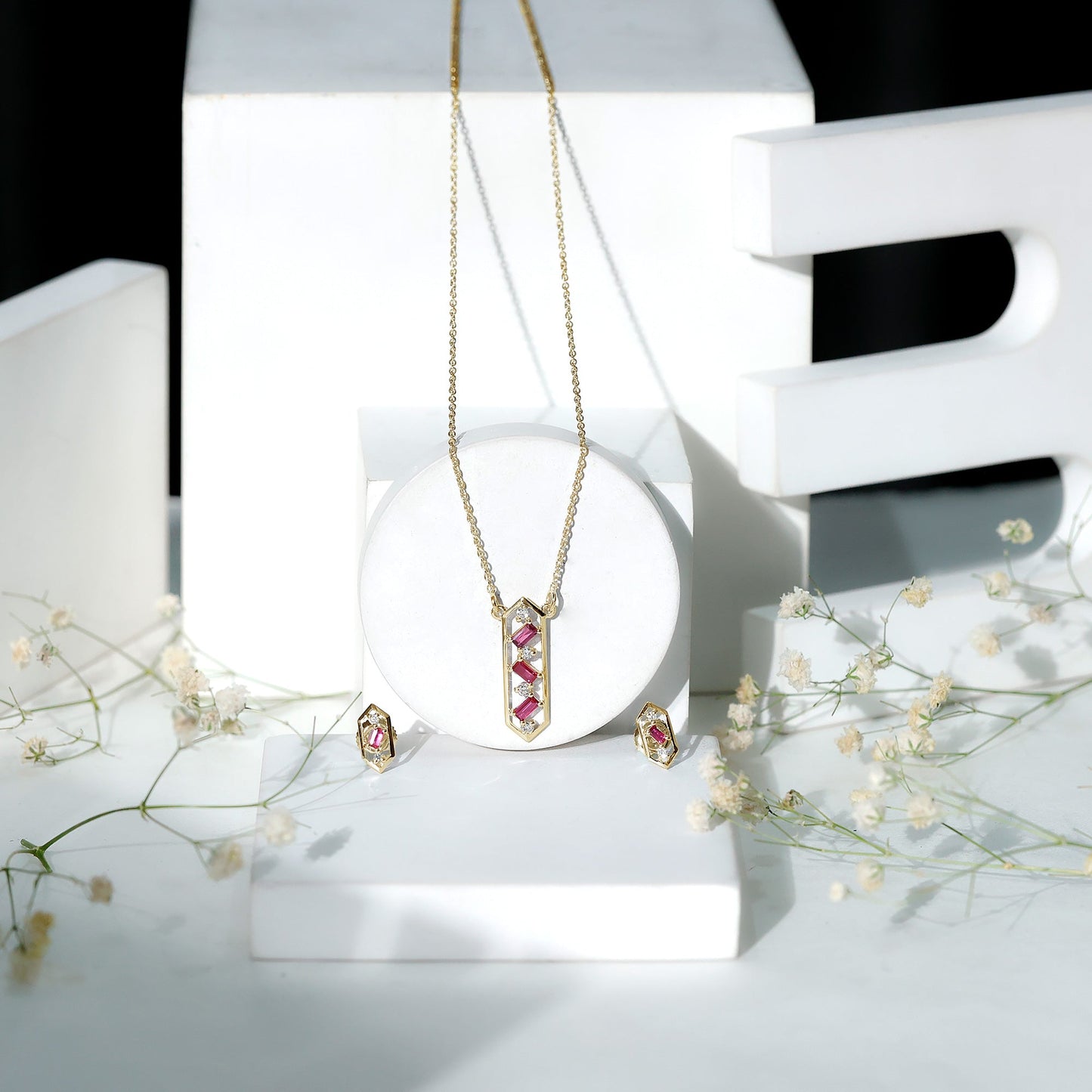Genuine Ruby and Diamond Dangle jewelry Set