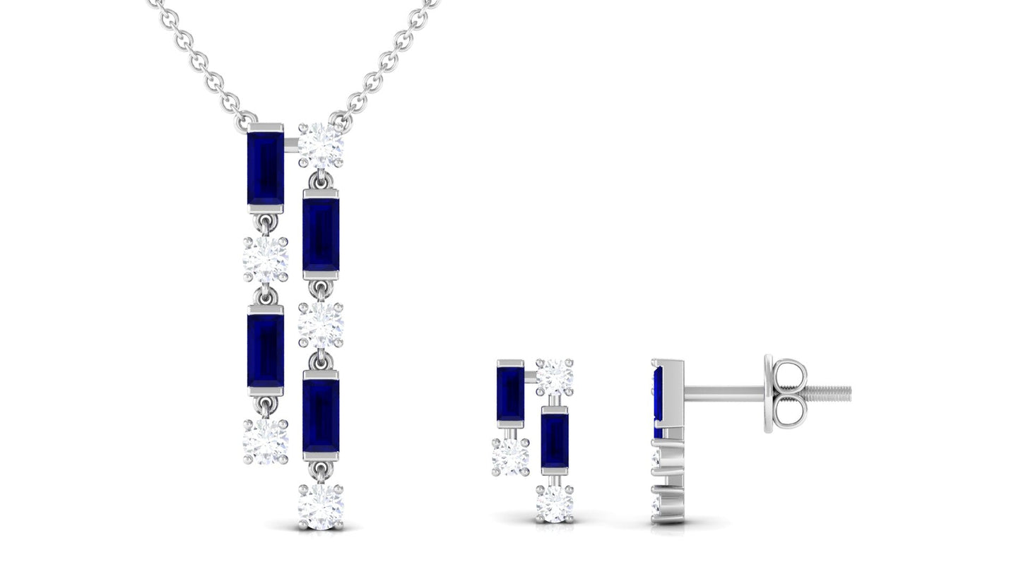Natural Baguette Blue Sapphire Diamond Necklace and Earrings Set