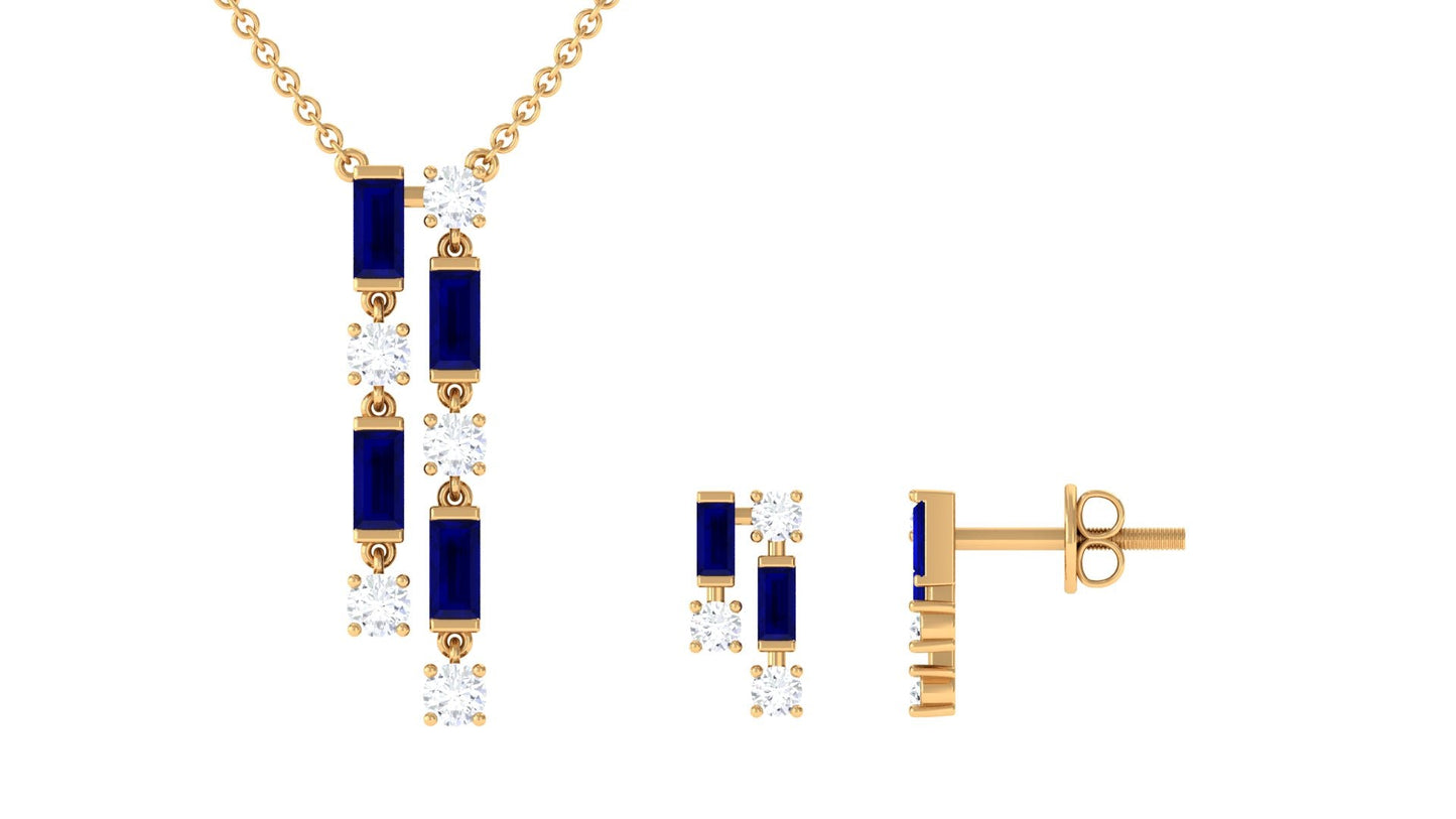 Natural Baguette Blue Sapphire Diamond Necklace and Earrings Set