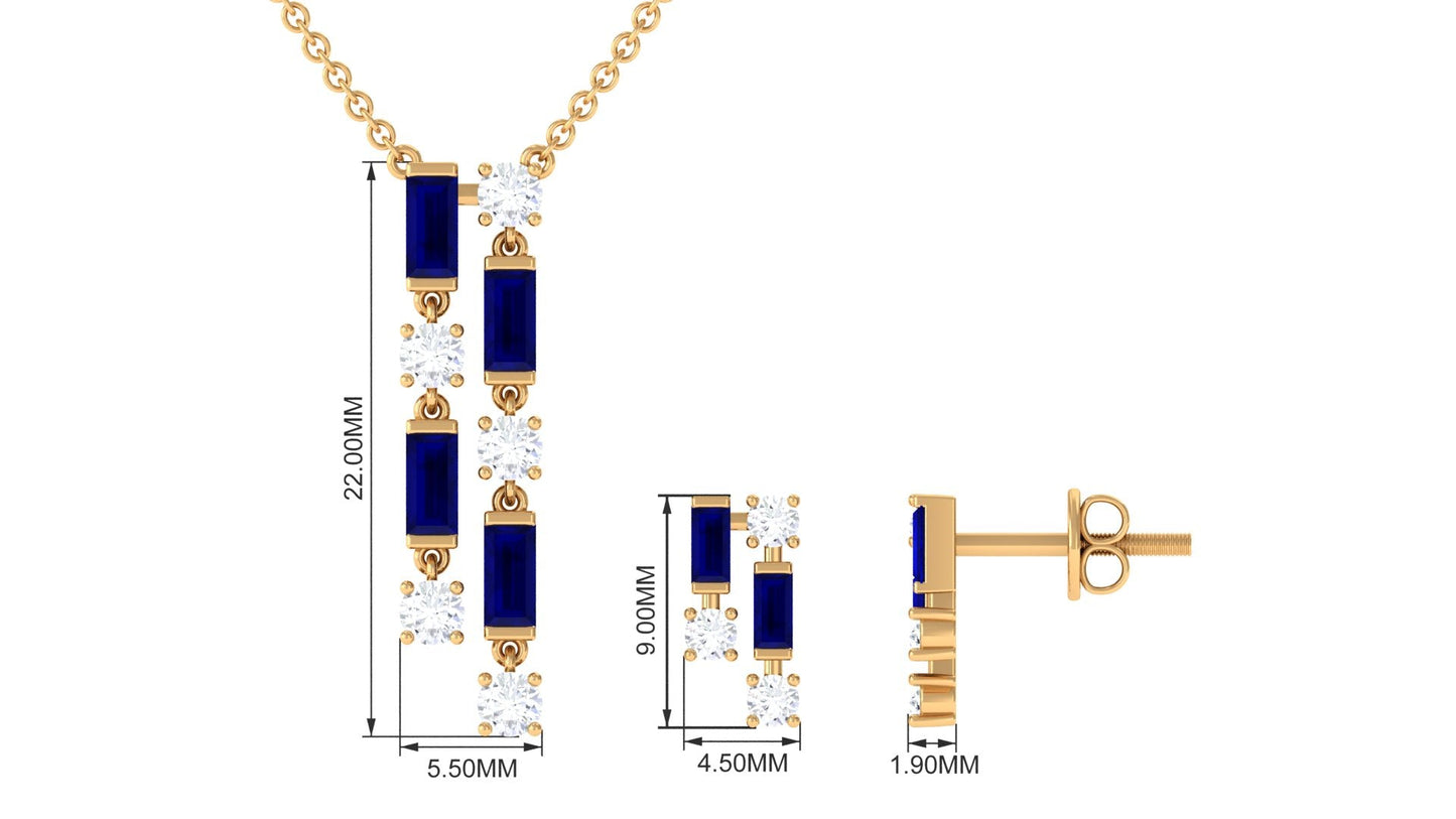 Natural Baguette Blue Sapphire Diamond Necklace and Earrings Set