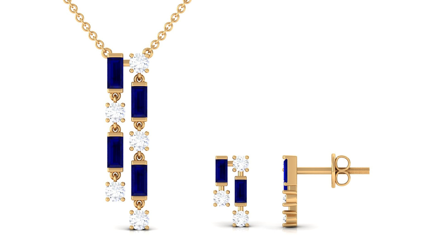 Natural Baguette Blue Sapphire Diamond Necklace and Earrings Set