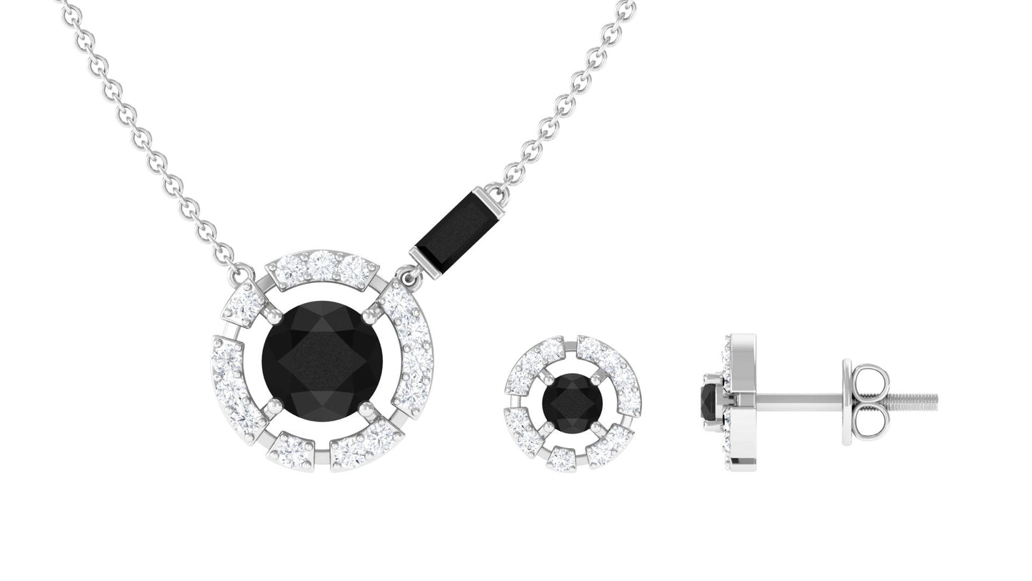 Created Black Diamond and Diamond Halo Necklace Earrings Set