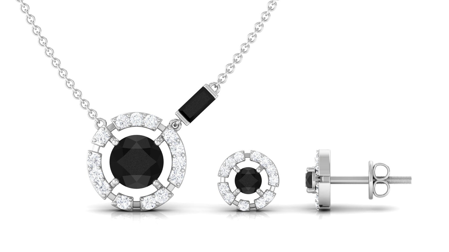 Created Black Diamond and Diamond Halo Necklace Earrings Set
