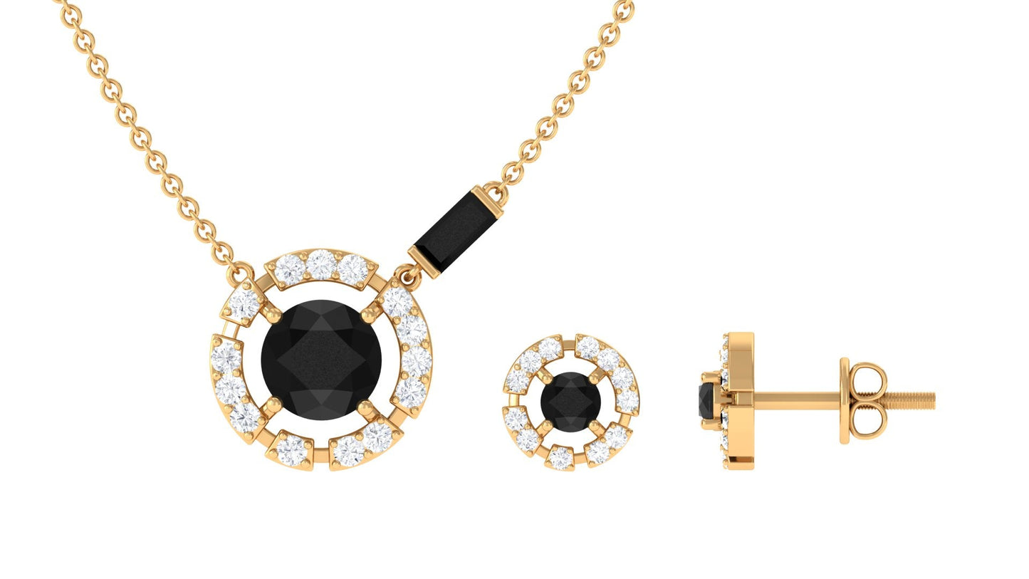 Created Black Diamond and Diamond Halo Necklace Earrings Set
