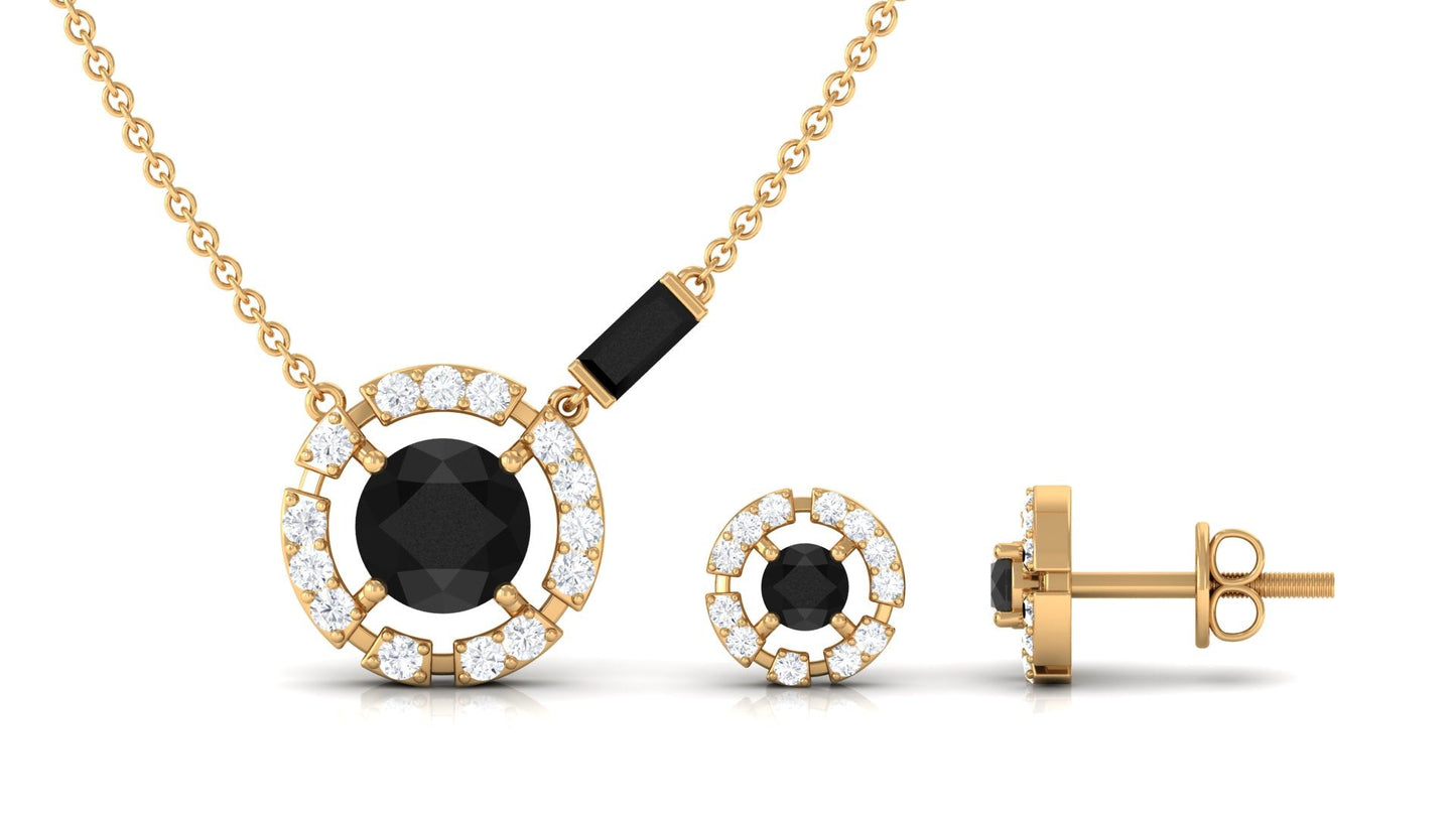 Created Black Diamond and Diamond Halo Necklace Earrings Set