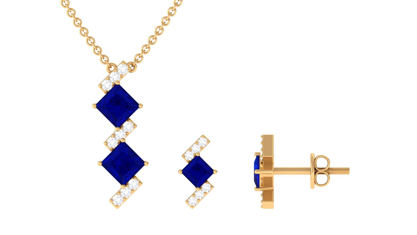 Princess Cut Created Blue Sapphire Modern Jewelry Set with Diamond