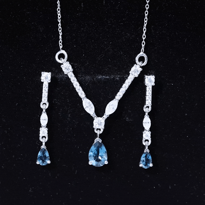 Pear Shape London Blue Topaz and Moissanite Wedding Necklace Earrings Set