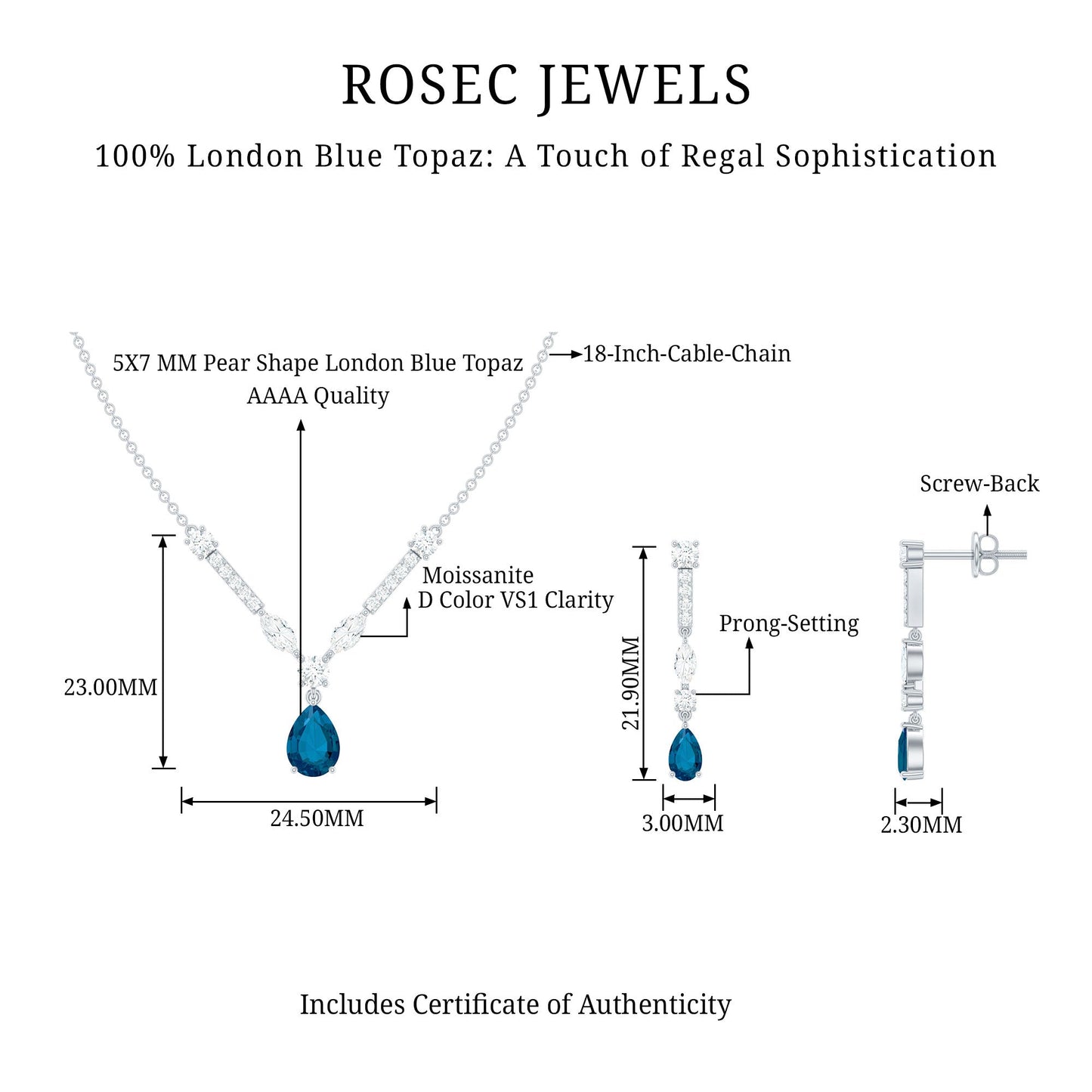 Pear Shape London Blue Topaz and Moissanite Wedding Necklace Earrings Set