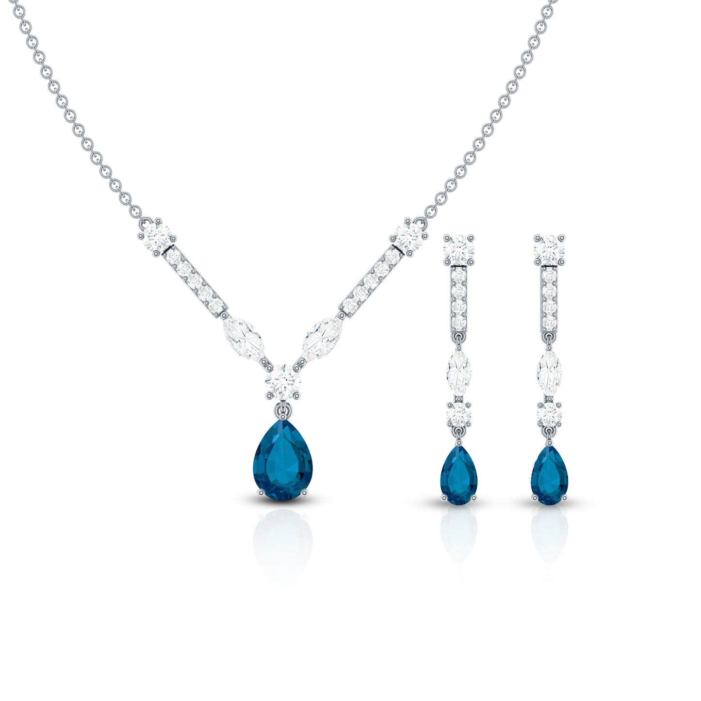 Pear Shape London Blue Topaz and Moissanite Wedding Necklace Earrings Set