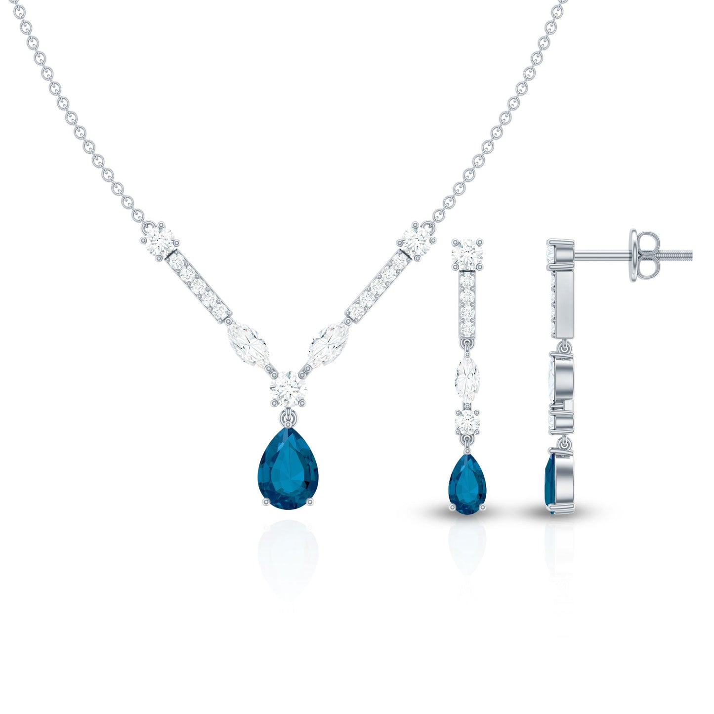 Pear Shape London Blue Topaz and Moissanite Wedding Necklace Earrings Set