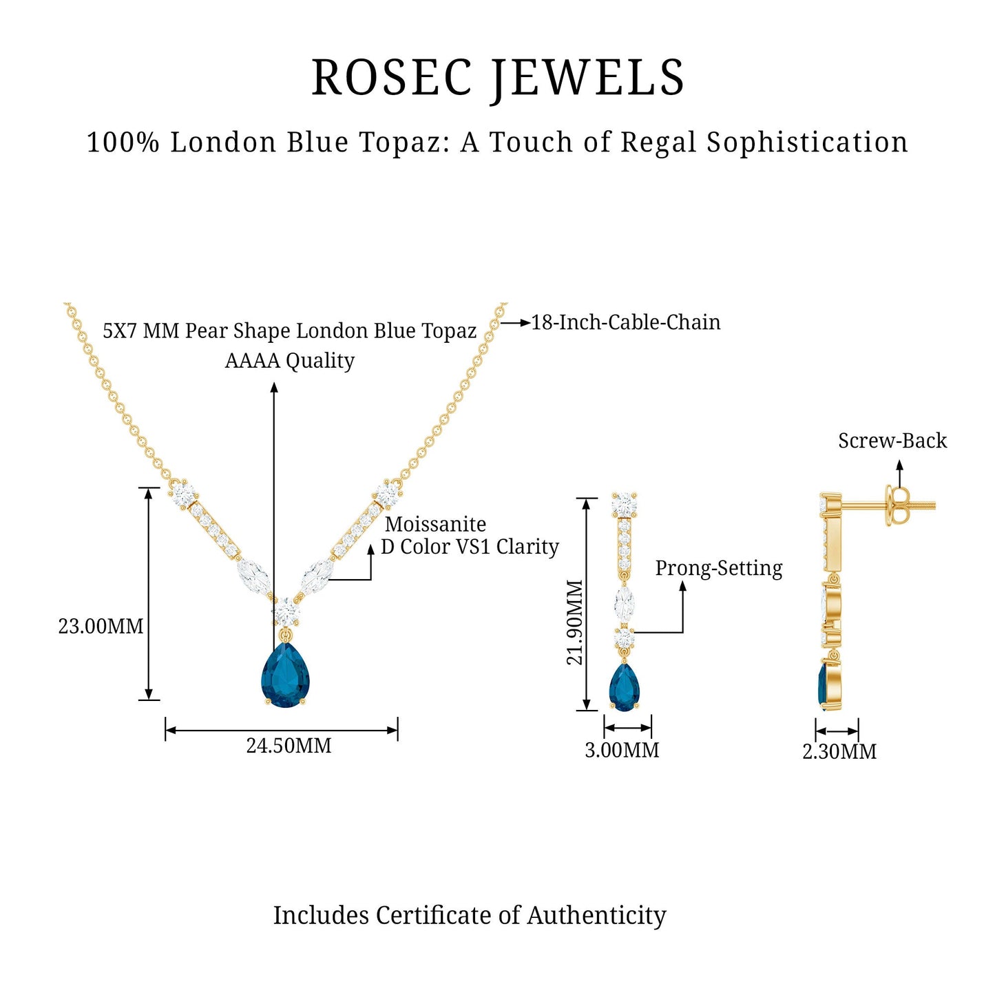 Pear Shape London Blue Topaz and Moissanite Wedding Necklace Earrings Set