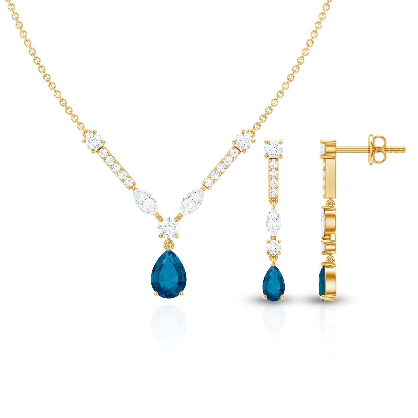 Pear Shape London Blue Topaz and Moissanite Wedding Necklace Earrings Set