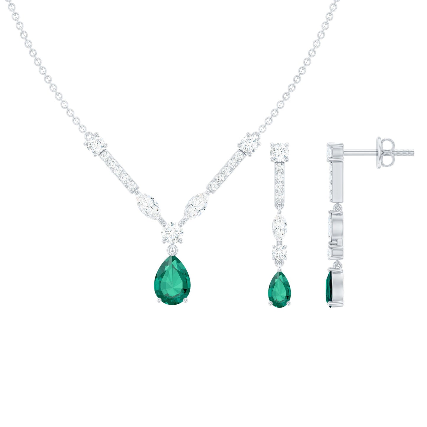 Lab Created Emerald and Moissanite Bridal Necklace Earrings Set