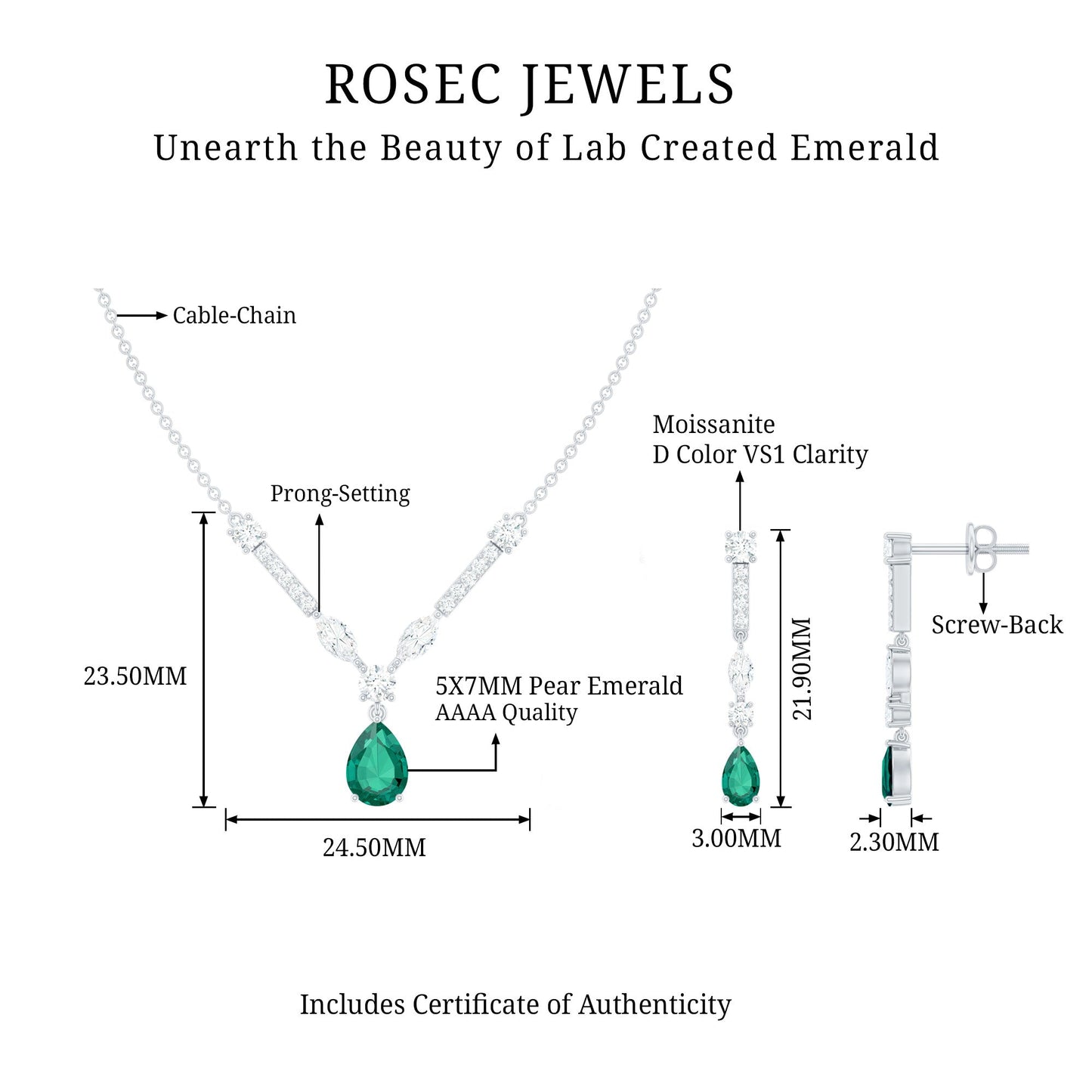 Lab Created Emerald and Moissanite Bridal Necklace Earrings Set