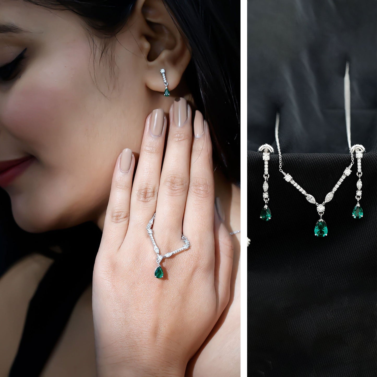 Lab Created Emerald and Moissanite Bridal Necklace Earrings Set