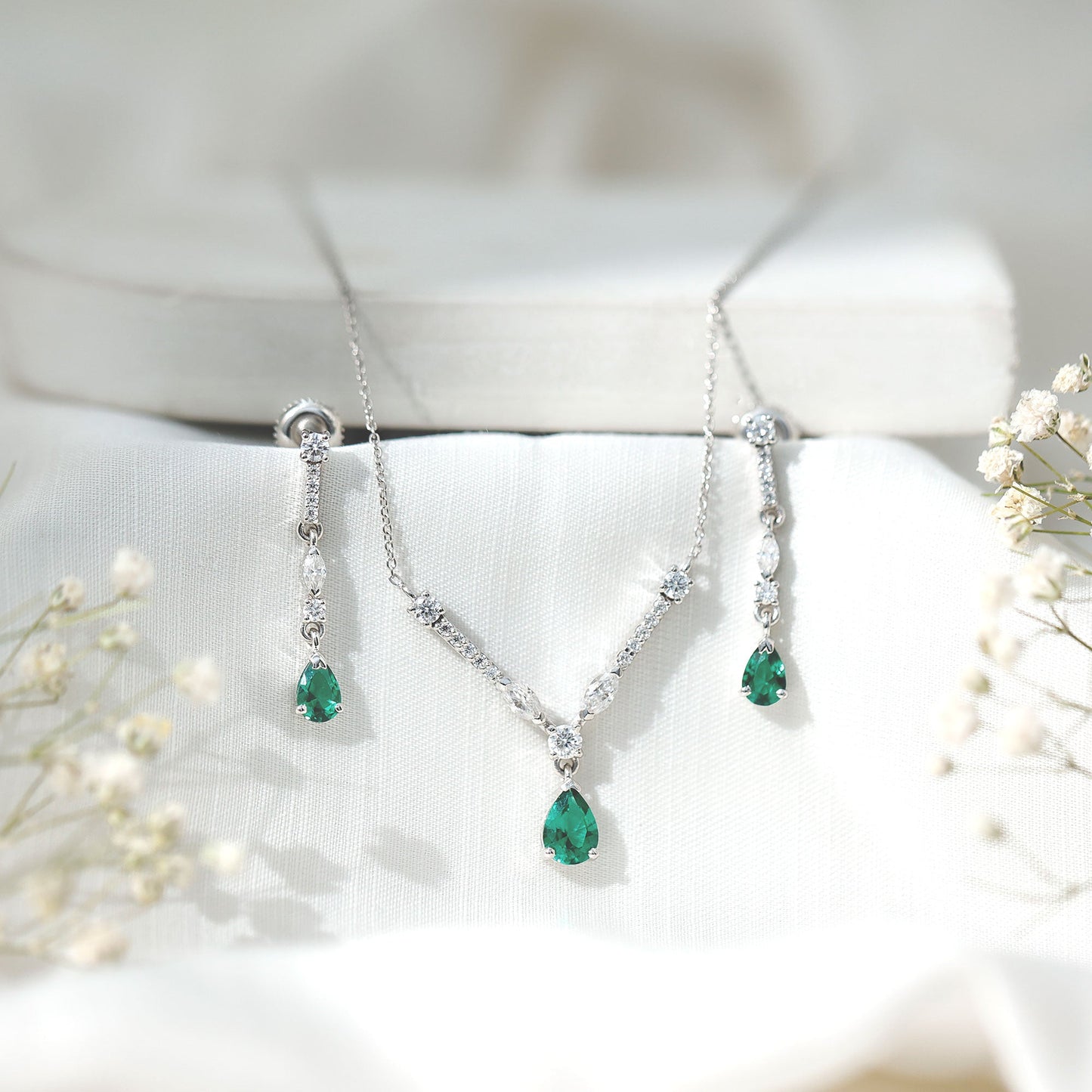 Lab Created Emerald and Moissanite Bridal Necklace Earrings Set