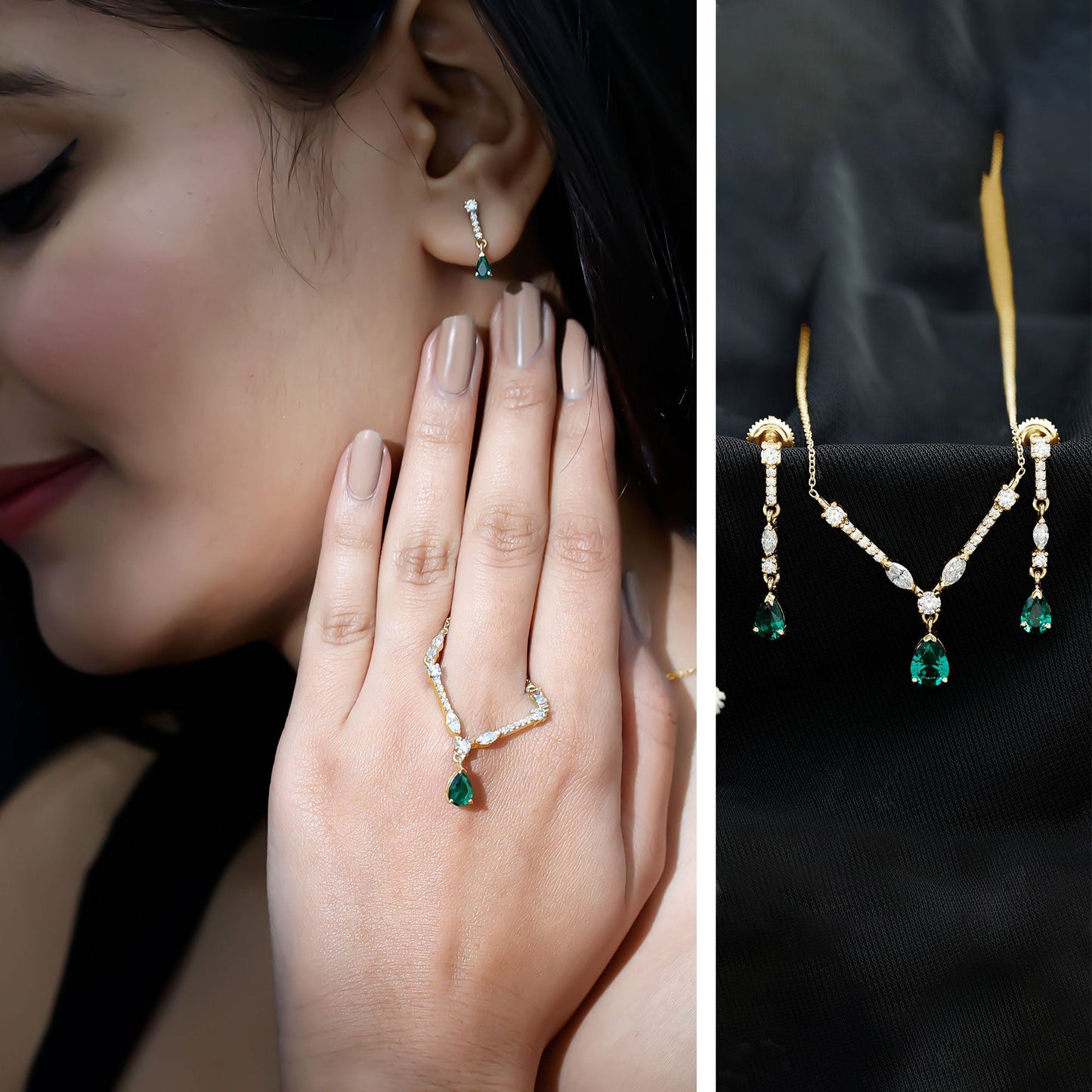 Lab Created Emerald and Moissanite Bridal Necklace Earrings Set